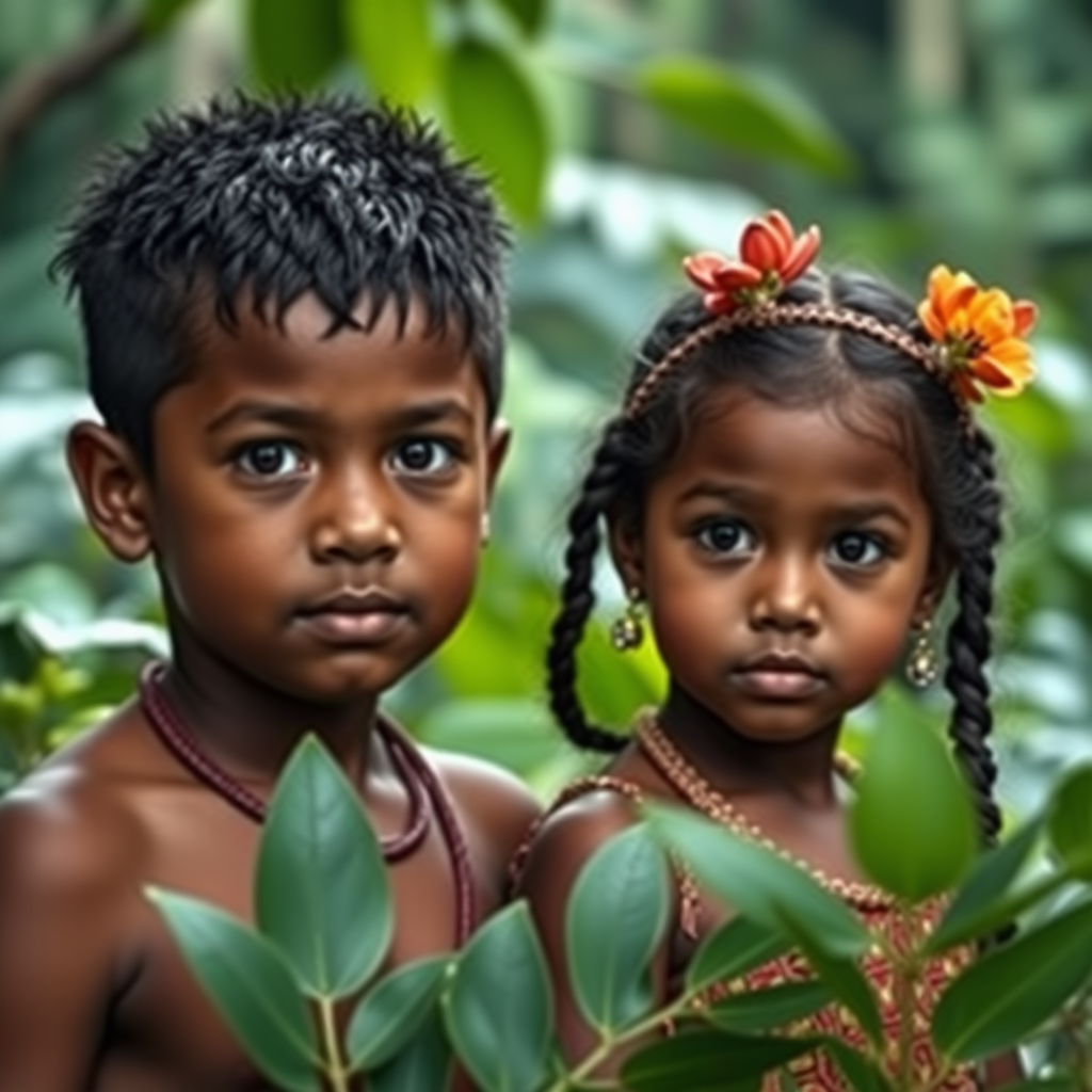 A realistic photo of a 12yo boy and curuminha girl. Indigenes of Brasil rain forest.