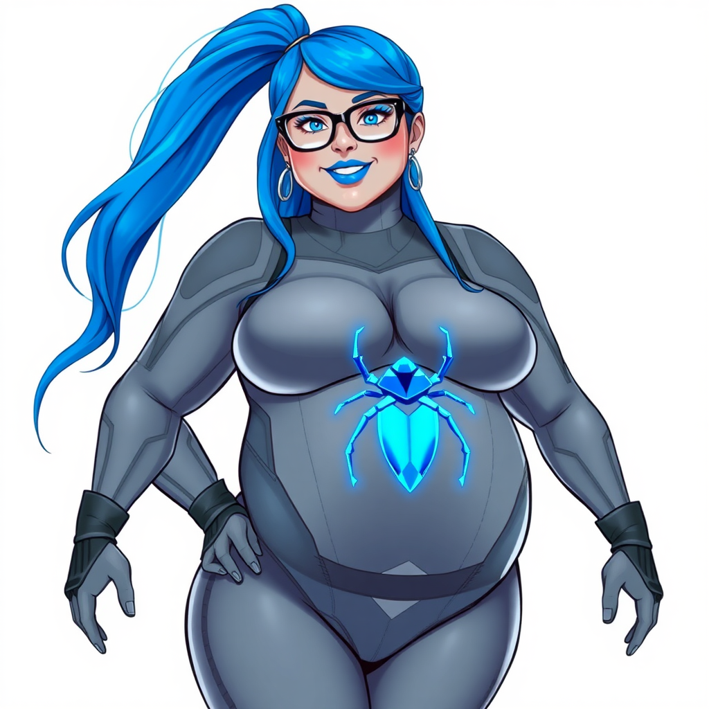 A 28-year-old computer science major embracing her new life as her cyberpunk vigilante boyfriend's nerdy, full figured, heavily pampered, middle gray skinned computer program hybrid girlfriend and digital sidekick with a long, maximum blue ponytail. She wears maximum blue lipstick and has bright blue eyes. Her outfit includes a digital, computerized, middle gray bodysuit (accentuating her gargantuan midsection) featuring a maximum blue gemstone beetle chest icon. She sports black eyeglasses, with a beaming smile and neon red blush. Her full figure reflects the doting care of her vigilante boyfriend. She uses her power to hack into computers and machines to serve as her hero's minicomputer who operates out of his hi-tech wristwatch and supercar's supercomputer. The background is solid white. She has a prominent, round, gargantuan midsection. Her midsection is bloated to emphasize her physique. Her middle gray metallic skin highlights her digital nature. She is drawn as if she was in a retro 2D cyberpunk fighting game.