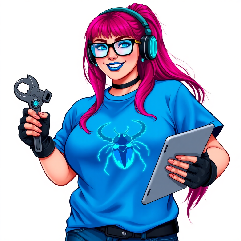 An intelligent and tech-savvy 29-year-old computer hacker and tech genius. She has a long ruby red ponytail. She wears maximum blue lipstick, blue eyes, a sapphire beetle gemstone necklace, sapphire earrings, black eyeglasses, hi-tech power gloves, and an oversized maximum blue t-shirt featuring a neon blue glowing beetle chest icon. She has a gargantuan full-figured physique with a prominent round gargantuan midsection, reflecting her well-cared-for lifestyle. She sports a sapphire headset with a hi-tech maximum turquoise lensed HUD, and a beaming smile accentuated by a passionate neon red blush. She serves as his tech expert from his hideout, holding a futuristic tool wrench and a futuristic digital tablet. The background is solid white. She is drawn as if she was in a retro 2D cyberpunk fighting game.