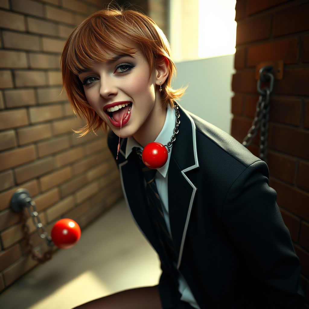 photorealistic, ultra high resolution, 16K, surreal fantasy, soft studio lighting, Tyler Swift is a pretty 18 year old goth male, slim male physique, auburn hair, , goth makeup, earrings, shiny black pantyhose, school uniform shirt tie and blazer, Mary-Jane shoes, spikey neck collar chain and leash, red ball-gag, in a dungeon, the end of the leash is chained to the wall, in daylight, excited open mouth smile, drooling a stream of saliva, facing the camera.