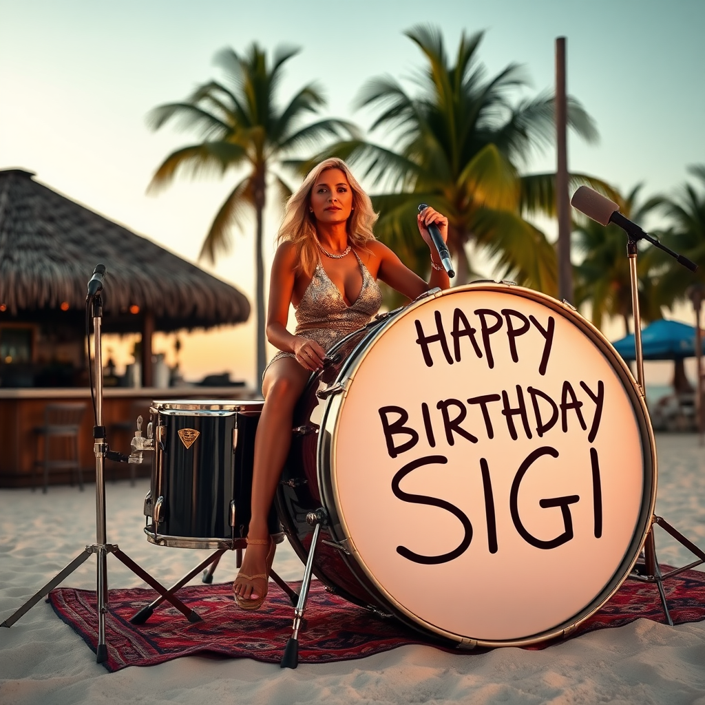 Lady sitting on drumset on beach with palms and bar, big white bass drum spelling the words "Happy Birthday Sigi"