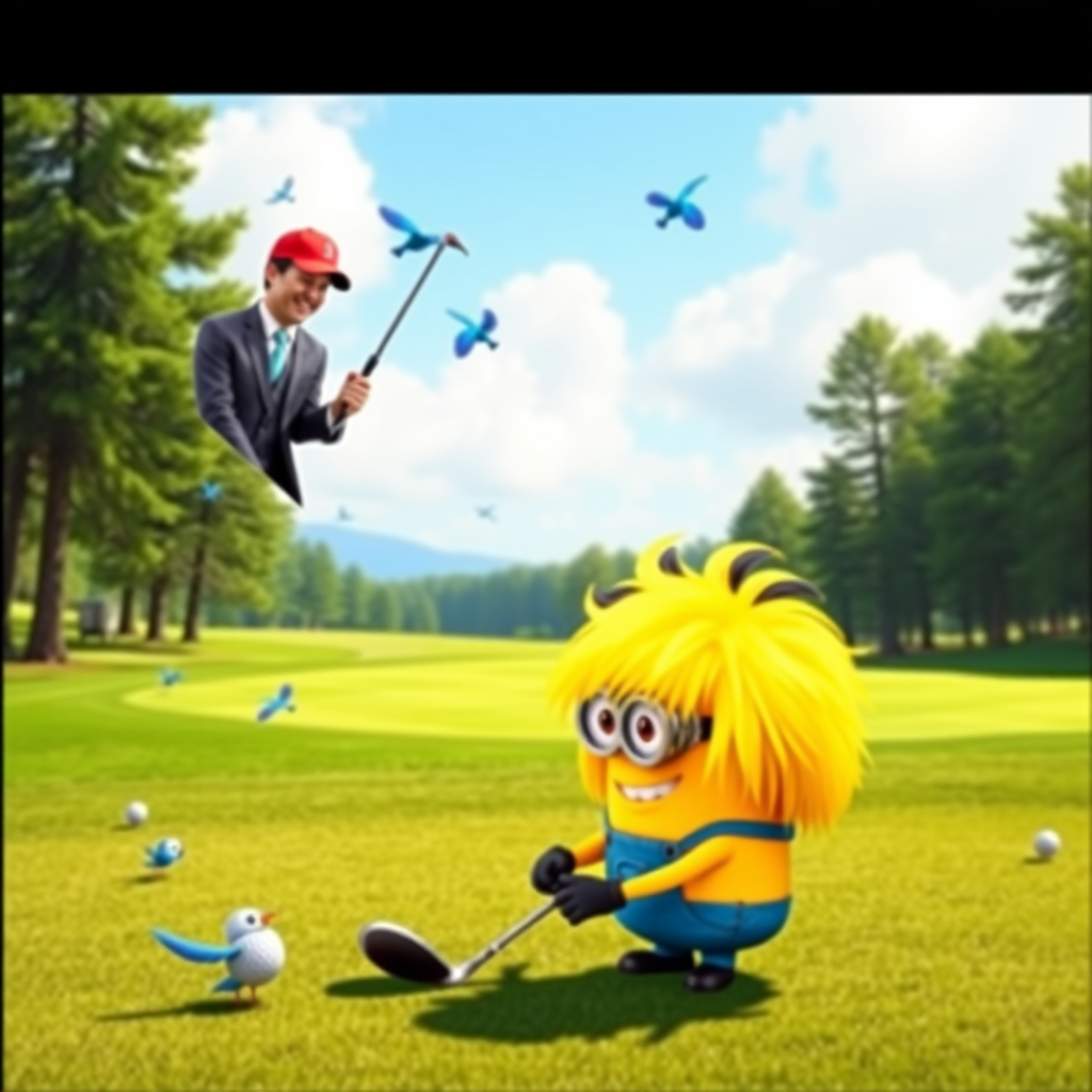 A minion from "Despicable Me" is playing golf on a beautiful golf course. He has a big bright yellow wig of hair. Above him, a man in a suit and a red ballcap smiles down at him, holding a golf club. There are bluebirds and sunshine and the scene is beautiful and peaceful.