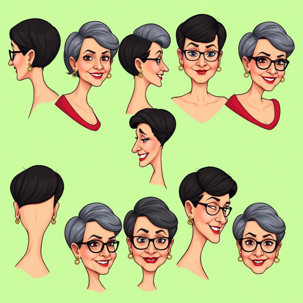 Photorealistic image of eight headshots of a 50 Years old, fit, European, Latina, sharp aquiline nose, wrinkles, high cheekbones, Middle Eastern, Skinny, Tanned skin, Dark light skin, full Makeup, jewelry, Sharp nose, frowning, exaggerated cartoon emotions, lascivious smile, dark grey Ash hair, short bowl haircut, Brown eye color, half closed eyes, round Glasses, with detailed features. Each photo displays the same face in back, profile and front view, cut out and isolated on a green background. All eight heads are visible side by side, empty space around each view, no overlapping. 2D, caricature, cartoon, Sketch lines, coloring book style, well composed, clean coloring book page, No dither, no gradient, strong outline, vector illustration