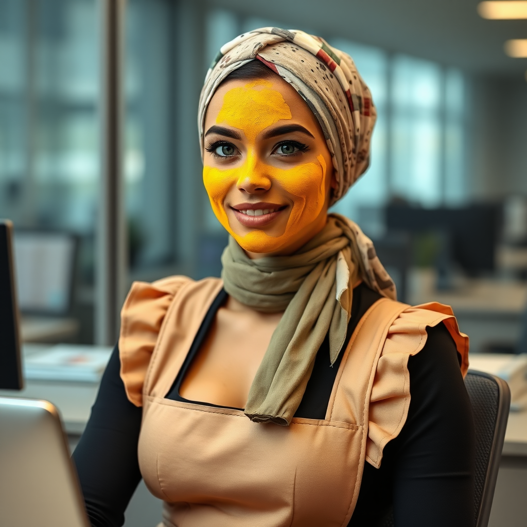 slim, modern, french maid, scarf head, turmeric paste on face, working in office