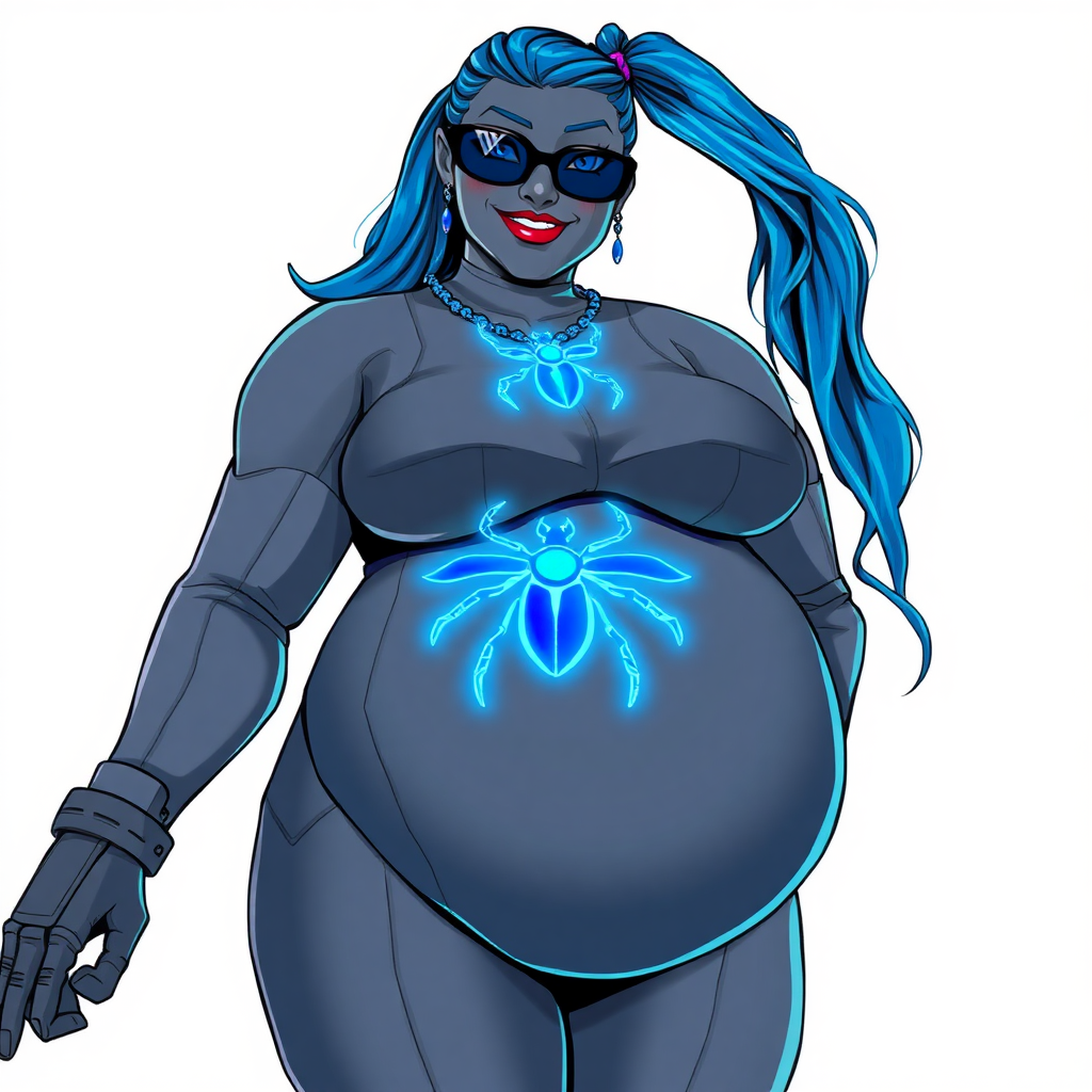 A cyberpunk vigilante’s full-figure middle gray computer program hybrid 28-year-old digital sidekick and loyal girlfriend. She has a long maximum blue ponytail and middle gray metallic skin. She wears maximum blue lipstick, blue eyes, a sapphire beetle gemstone necklace, sapphire earrings, black eyeglasses, and an oversized, digital, computerized, middle gray bodysuit featuring a neon blue glowing beetle chest icon accentuating her prominent, round, gargantuan midsection. She sports a beaming smile with a neon red blush. She serves as his minicomputer operating in his hi-tech wristwatch and supercar's onboard computer using her ability to hack into machines and computer to relay vital mission information. The background is solid white. She is drawn as if she was in a retro 2D cyberpunk fighting game. Her midsection is bloated to emphasize her figure.