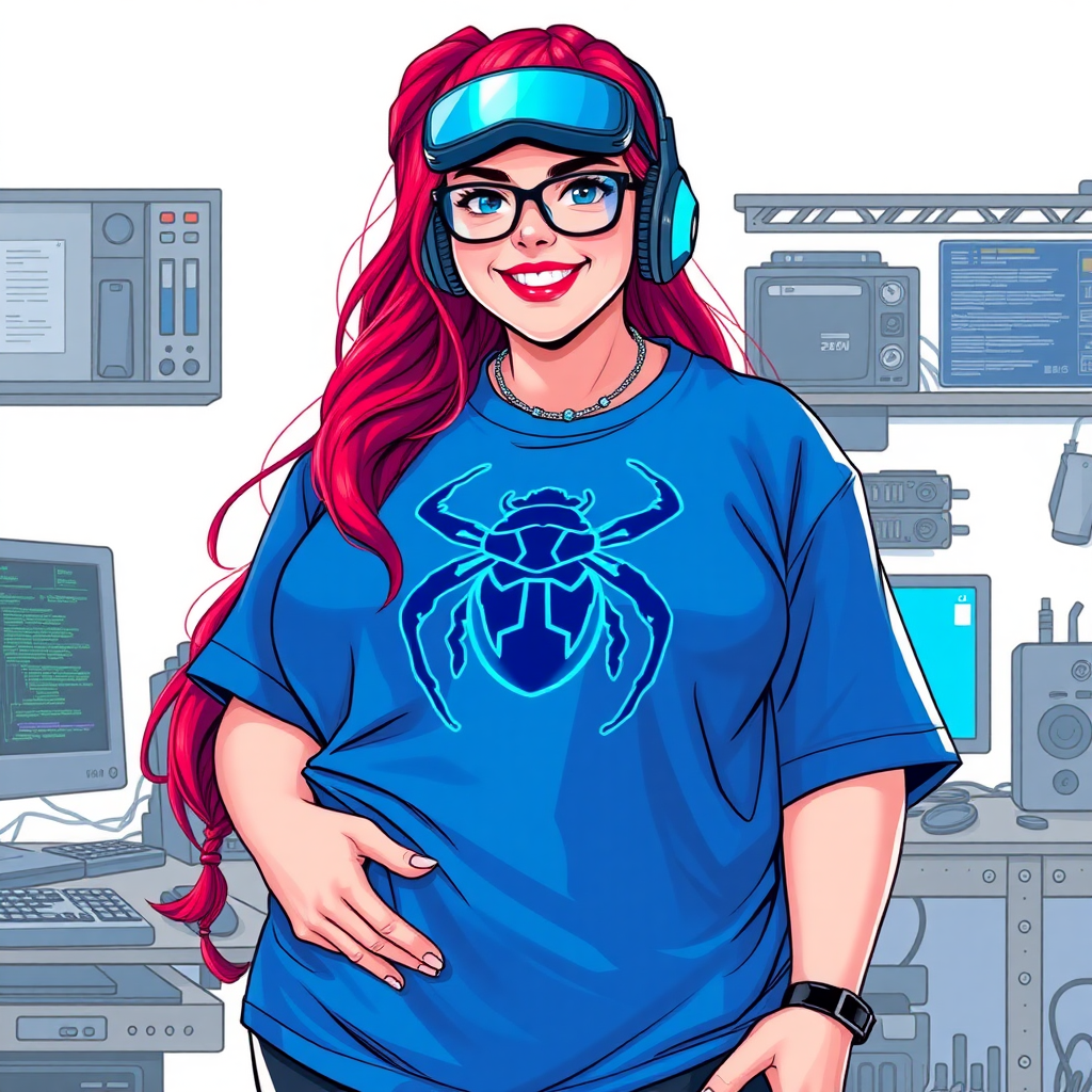 A cyberpunk vigilante’s full-figured intelligent and tech-savvy 29-year-old girlfriend, who is a computer hacker and tech genius. She has a long ruby red ponytail and bright blue eyes. She wears a sapphire beetle gemstone necklace, and an oversized maximum blue t-shirt featuring a giant neon blue glowing icon of a beetle on its chest. She has a full-figured physique with a prominently, gargantuan, well-rounded midsection, reflecting her well-cared-for lifestyle. The midsection is heavily emphasized. She sports a sapphire headset with hi-tech maximum turquoise lensed HUD visor, black eyeglasses, and a beaming smile with a passionate bright red blush. Despite her figure and a lack of self-esteem, she radiates an air of beauty. She has a slim face which contributes to her radiant beauty. She serves as his tech expert from his hideout, dutifully working at her workshop with a computer desk and tool bench. The background is solid white. She is drawn as if she was in a retro 2D cyberpunk fighting game. Ensure her shirt covers her well-rounded midsection.