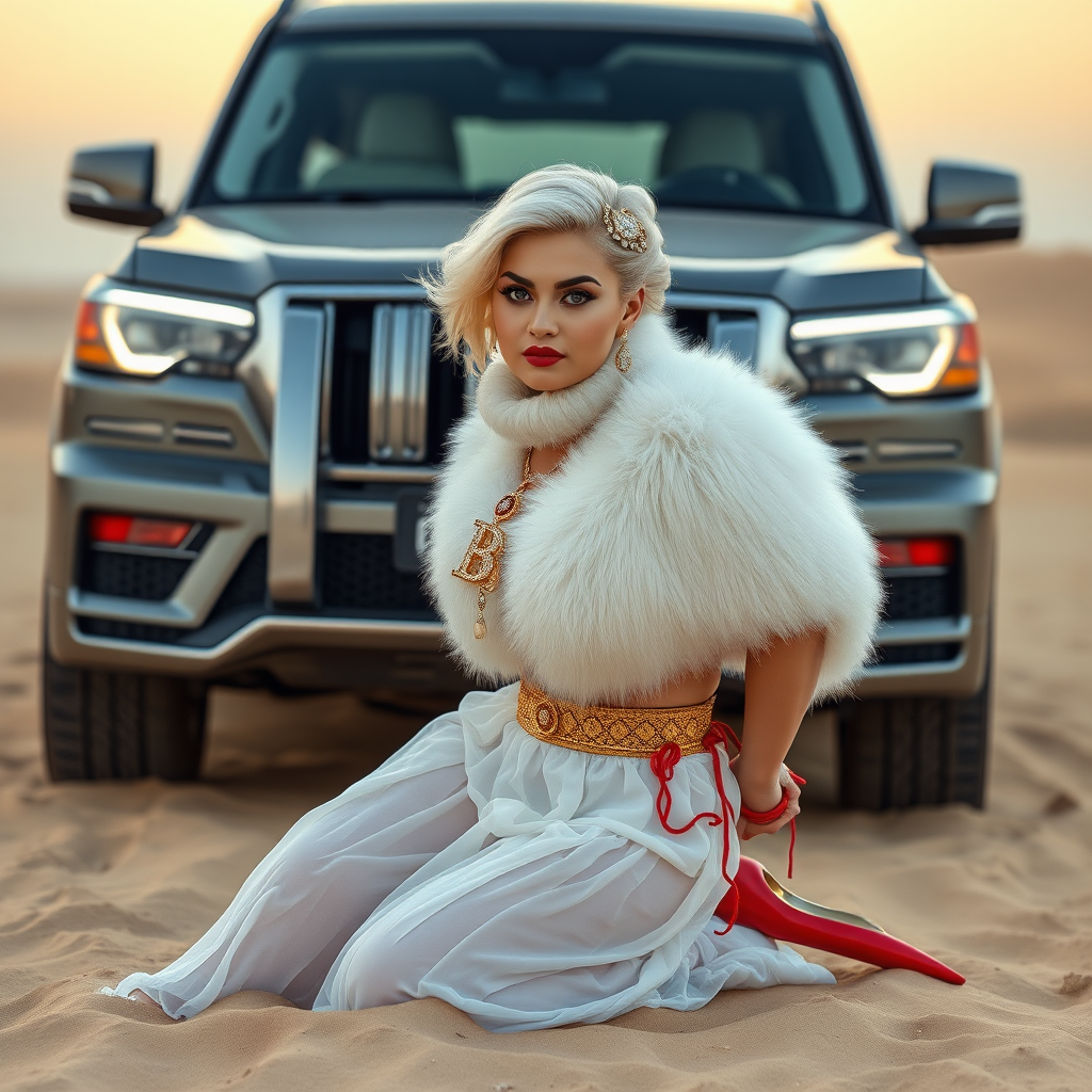 Kuwait desert dunes misty dawn, full size luxury SUV: Melissa, European 17 years old very convincing femboy “trophy-bimbo”, tamed servile docile, very beautiful feminine flawless face, rather short, by hormones very curvaceous womanly figured, platinum blond short tight curls, bold red lips, heavily made-up face, wearing Supertanya-style fluffy very fuzzy bright white angora turtleneck-poncho cropped ending under bust decorated with pearls and gemstones, striking oriental wide gold bridal protection belt, white fully transparent harem pants, bright red pumps with golden very high heels, full Oriental bridal jewelry including headpiece, nose-ring, coin anklets, striking diamond “Bimbo” letter brooch on left chest, pout frustrated, hands tied behind back, kneeling in sand in front of SUV, looking at camera. Focus on face and turtleneck-poncho.