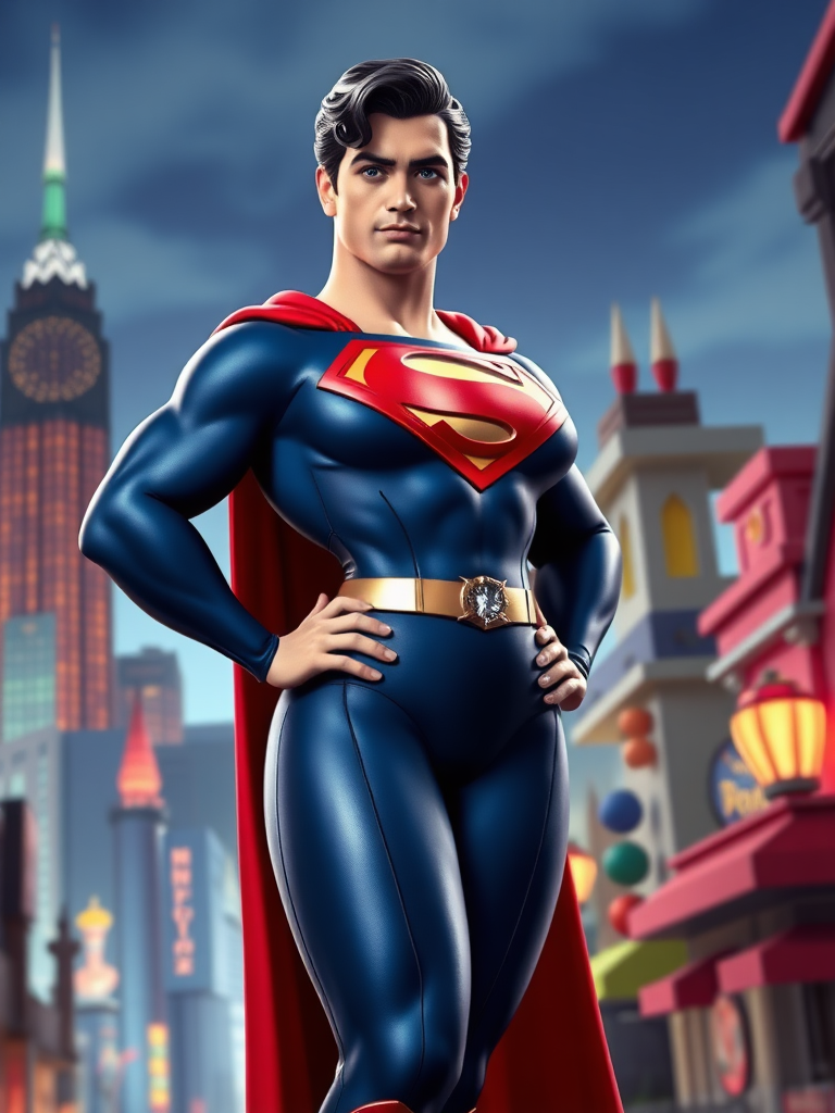 Create a full-length rendered image combining Superman's head, face, hairstyle on Jessica Rabbit's voluptuous body. Adapt Superman's iconic costume to fit the new curvy physique, incorporating glittery accents inspired by Jessica's dress. Adjust cape, boots, emblem for feminine proportions. Blend Metropolis skyline backdrops Toontown's colorful, exaggerated architecture. Maintain Superman's strong jawline, blue eyes, characteristic curl. Pose figure dramatically, showcasing both heroic strength sensual allure. Ensure seamless integration between head body, natural-looking transitions. Illuminate scene dynamic lighting, emphasizing figure's curves muscularity.