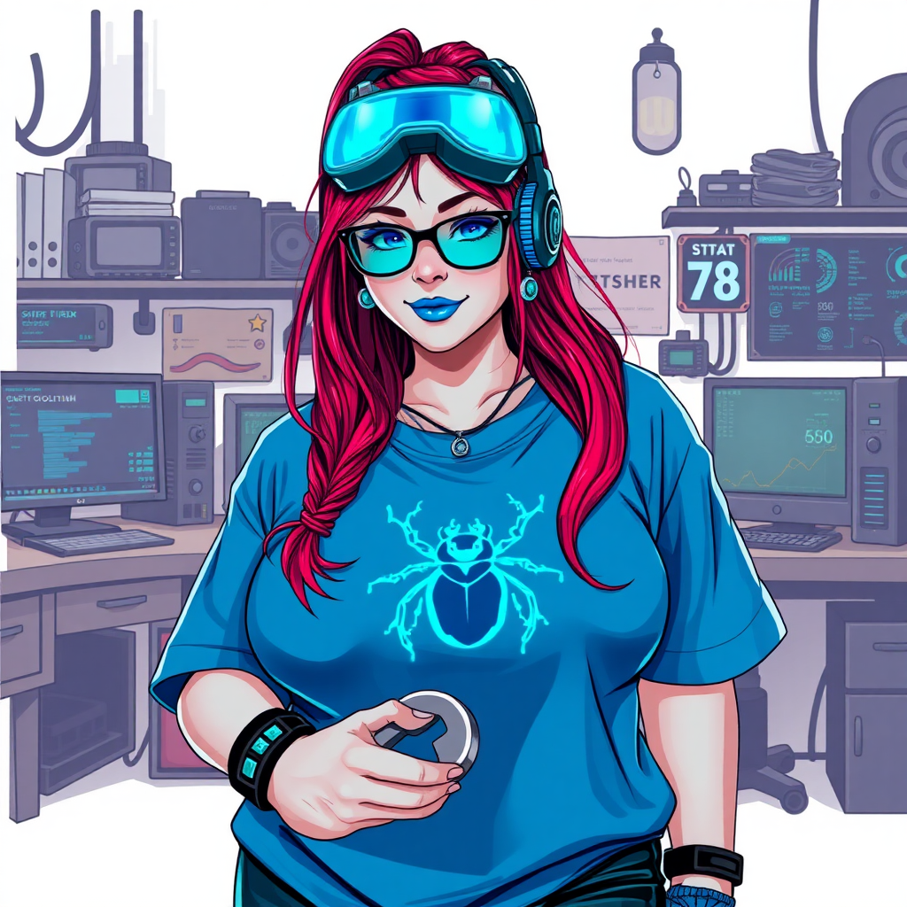 A cyberpunk vigilante’s full-figured intelligent and tech-savvy 29-year-old girlfriend, who is a computer hacker and tech genius. She has a long ruby red ponytail streaked with sky blue. She wears maximum blue lipstick, blue eyes, a sapphire beetle gemstone necklace, sapphire earrings, black eyeglasses, a futuristic holographic wristwatch computer, and an oversized maximum blue t-shirt featuring a neon blue beetle chest emblem. She has a full-figured, well-rounded physique with a prominent, round midsection, reflecting her well-cared-for lifestyle. Her round midsection is broadened and bloated to emphasize her figure. She sports a sapphire headset with a high-tech maximum turquoise lensed HUD, and a shy smile with a neon red blush. She is holding a futuristic hi-tech wrench while standing in her workshop in front of her computer desk and work bench. The background is solid white. She is drawn as if she was in a retro 2D cyberpunk fighting game.