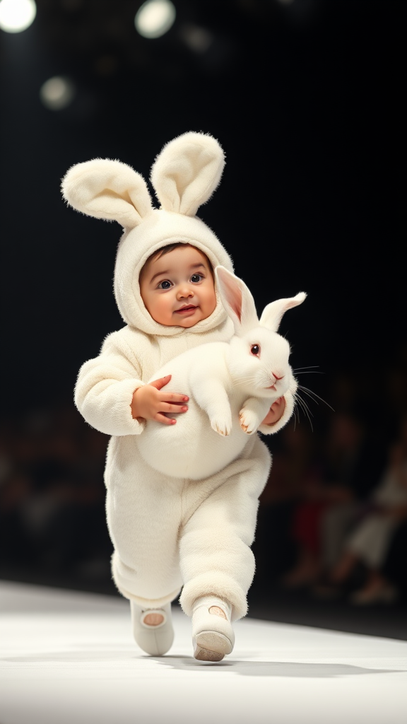 A cute small chubby fair baby big eyes pink lips pink cheeks wearing a furry cozy white rabbit costume doing ramp walk in a fashion show walking with a real white big rabbit holding in hands cinematic