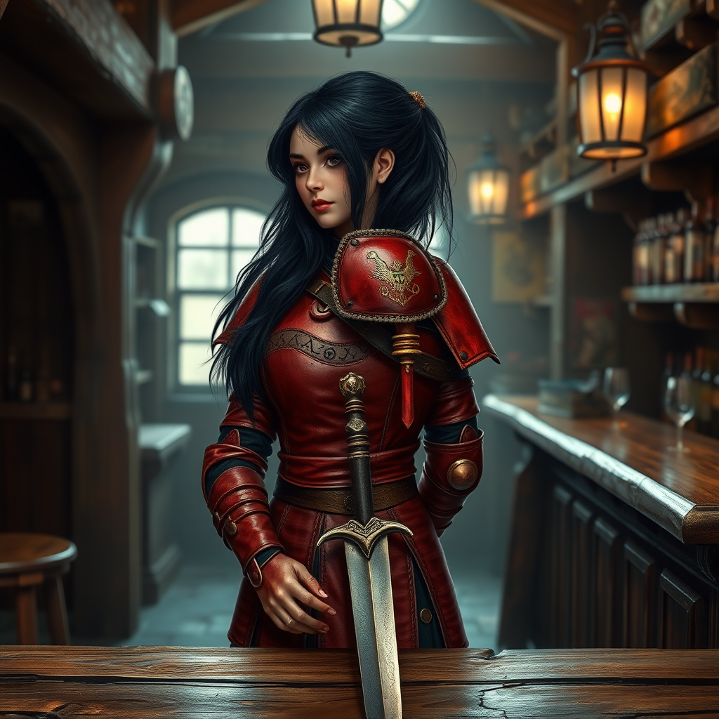 A photo realistic girl with black hair in red leather armor and wearing a sword on her belt standing at the bar in a medieval tavern.