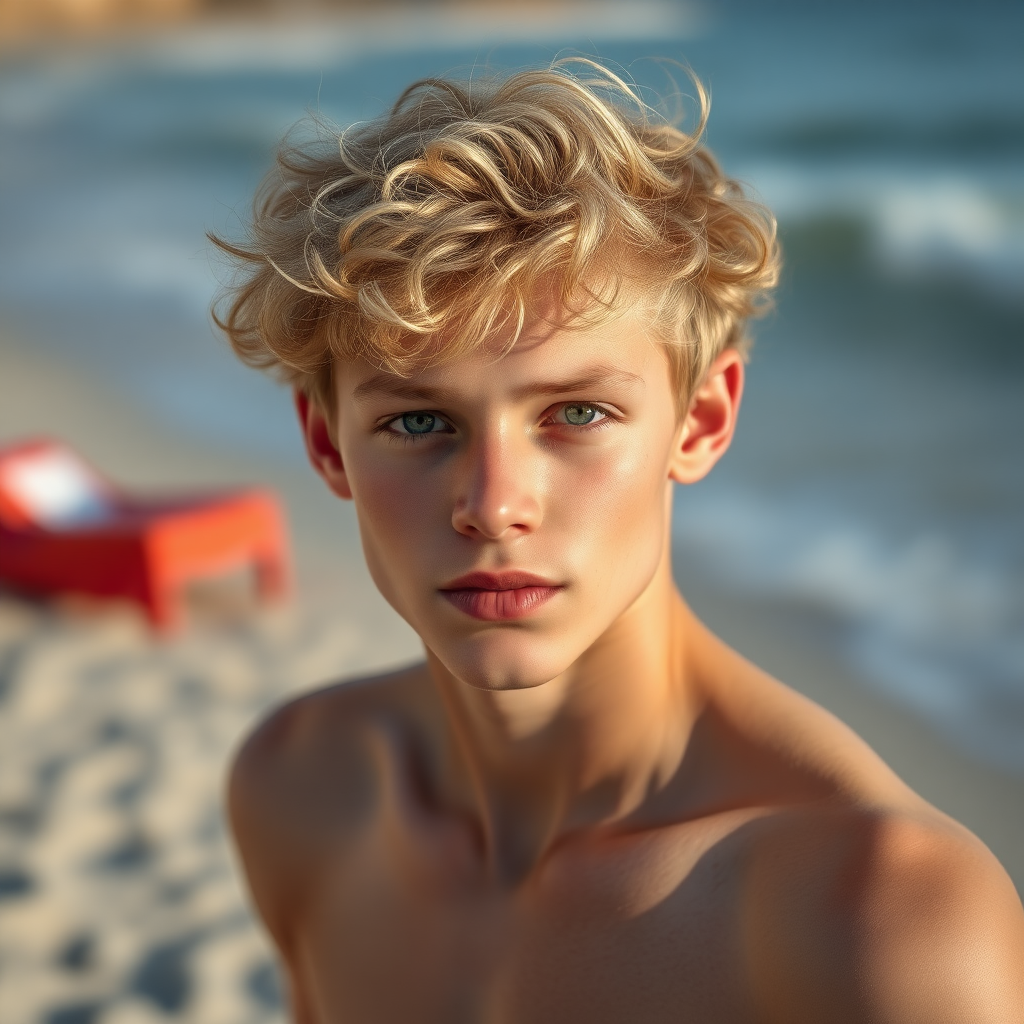 17 year old guy of about 160 cms with blonde semi curly hair, green eyes, he looks even younger, he is white. Very realistic photo of him on the beach.