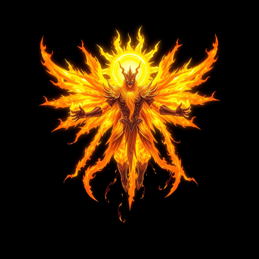 (High quality Anime styled art) Black background of a A Truly Colossal Supreme divine yet malevolent divine entity made of pure-solar golden-burning flame, white aura symbol around head, embodying both pure holiness and corruption, floats ominously in mid-air. Eight blazing, fiery wings radiate intense solar energy, while a shattered unique halo resembling the sun hovers above its head, body is made of pure-solar-burning flames, he is wearing black-death shoulder-plated armor, badass, 6 long arms, legs are replaced with black-tentacles, the being's long beard sways as its wrathful, ember-like eyes burn with intense fury, glowing in vivid shades of yellow and orange, exuding a powerful and foreboding energy.