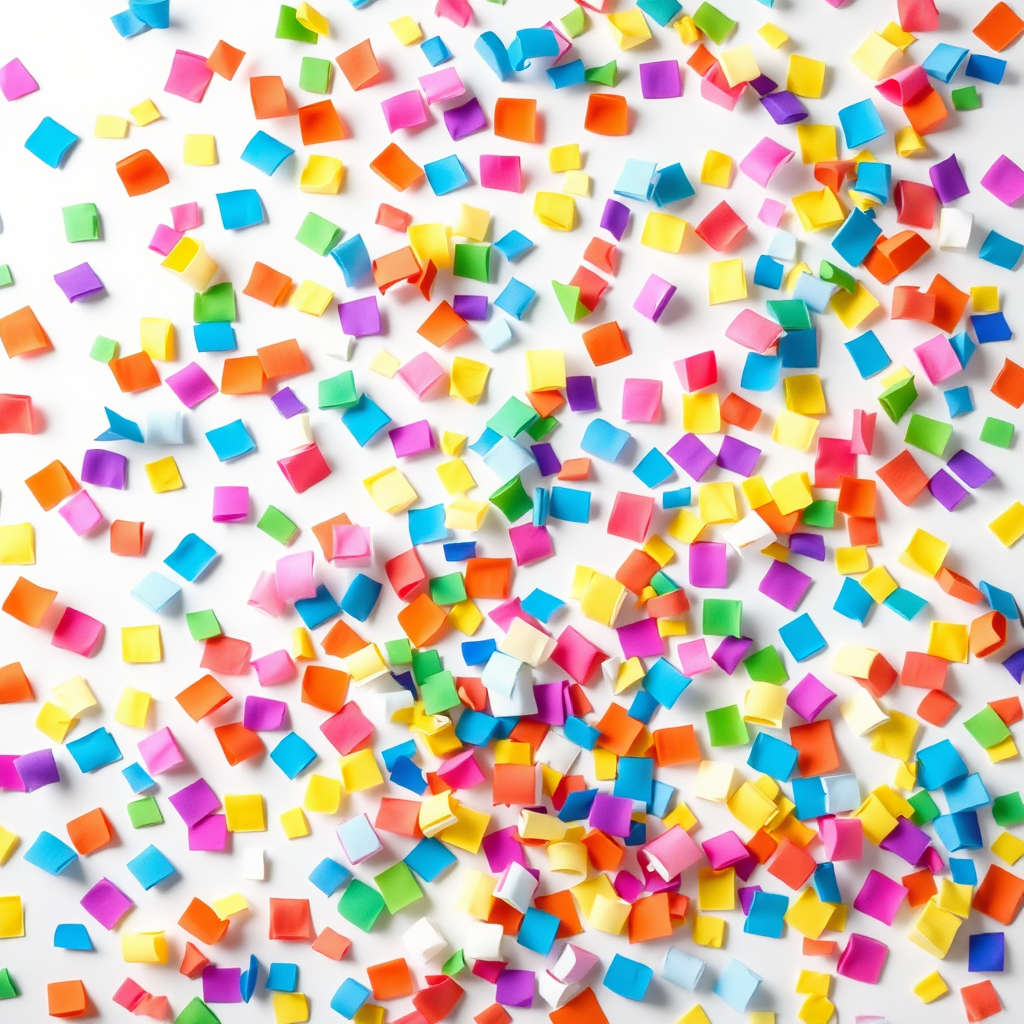 A high-resolution, vibrant image of lots of big, colorful confetti pieces falling in the air, evenly scattered, plain white background, clean, professional look, stock photo