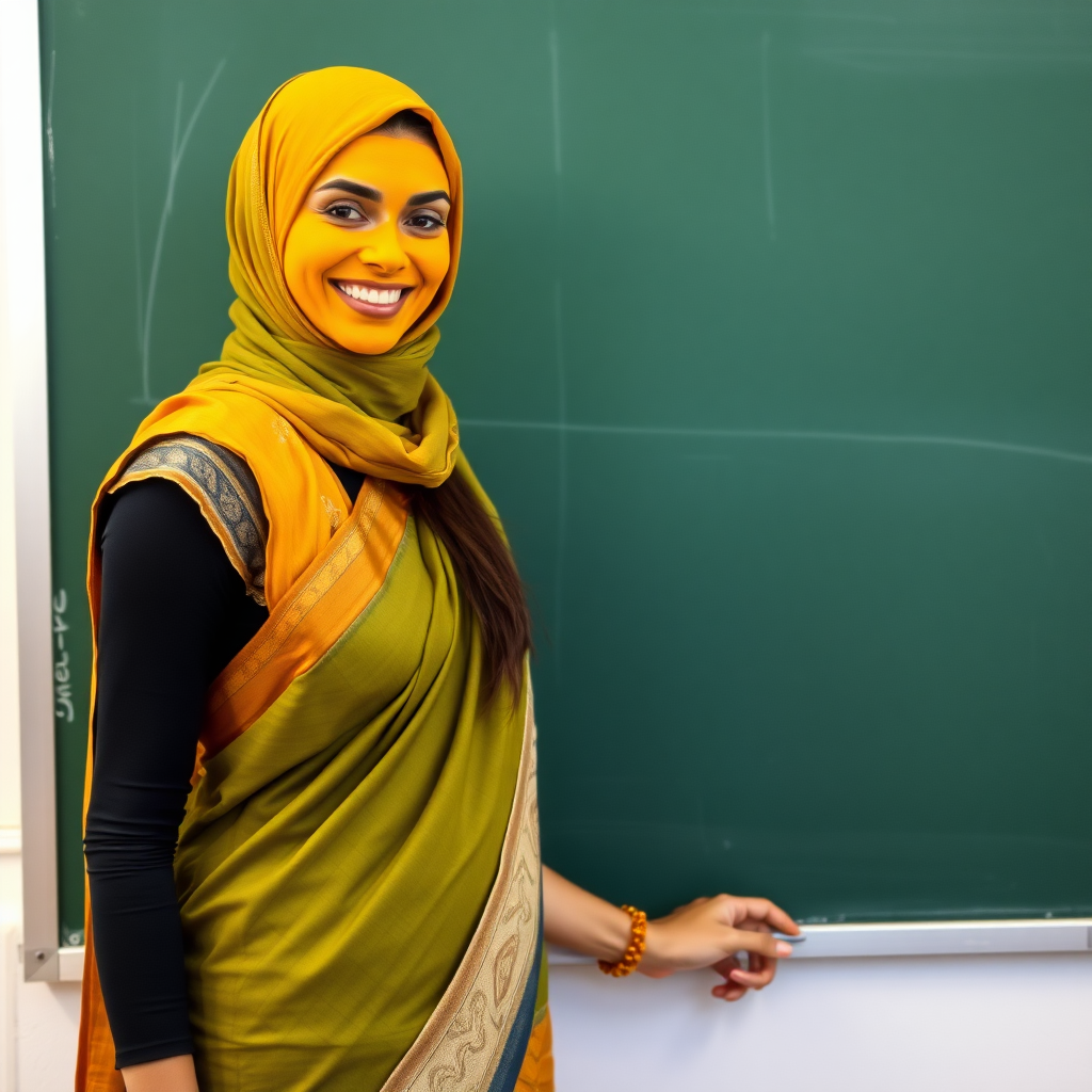 slim, 30 year old, sexy, french female school teacher, saree, scarf head, turmeric face mask. She is smiling and teaching on a blackboard