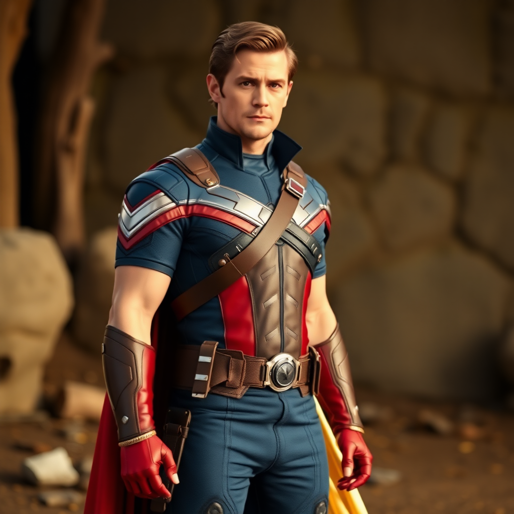 Generate a full-length image of Steve Rogers with the body traits of Snow White. Modify the body shape, with emphasis on the torso. Retain Steve’s core costume but incorporate embellishments and elements from Snow White’s attire. Place the character in a background that is an appropriate setting for both Steve Rogers and Snow White.