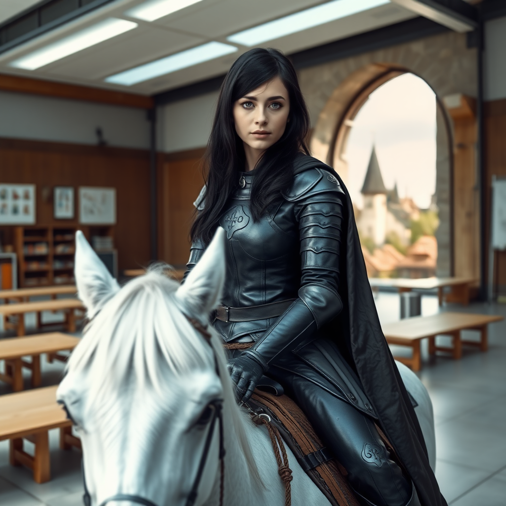 beautiful young woman, dark hair past her shoulders, blue eyes, small, slim figure, wearing full leather armor suit, long cloak, on a white horse in a large modern classroom, with back wall missing, looking outside to a fantasy, medieval village.