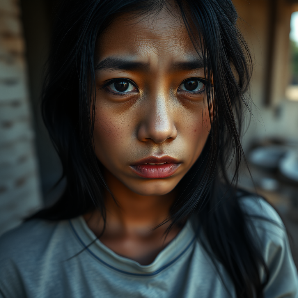 A homeless, somewhat neglected, mysterious but pretty Asian woman, with dark skin, jet-black hair and black eyes, wearing a T-shirt, almost cries.