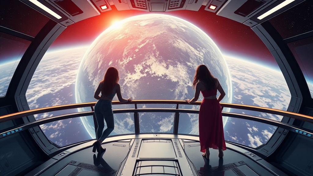 the sugababes are on the bridge of a huge space ship passing planet earth