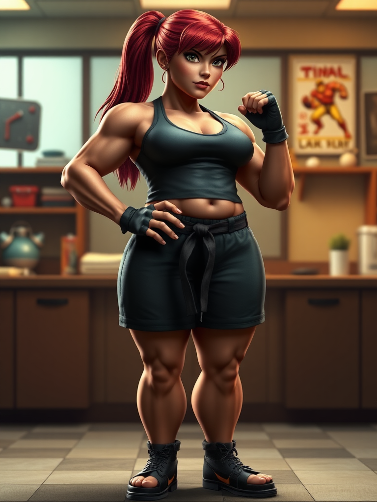 Create a hyper-realistic full-length render of Dexter's Mom from Dexter's Laboratory, maintaining her original head while transforming her body to resemble the muscular structure and silhouette of Ryu from Street Fighter. Ensure the proportions are dynamic and reflect the strength of Ryu’s physique, harmonizing with Dexter's Mom's character. The background should blend elements from both universes, incorporating a lab environment that hints at Dexter’s creations while including martial arts aesthetics. Pay attention to lighting and textures to enhance realism in the render, showcasing the unique fusion of these iconic characters.