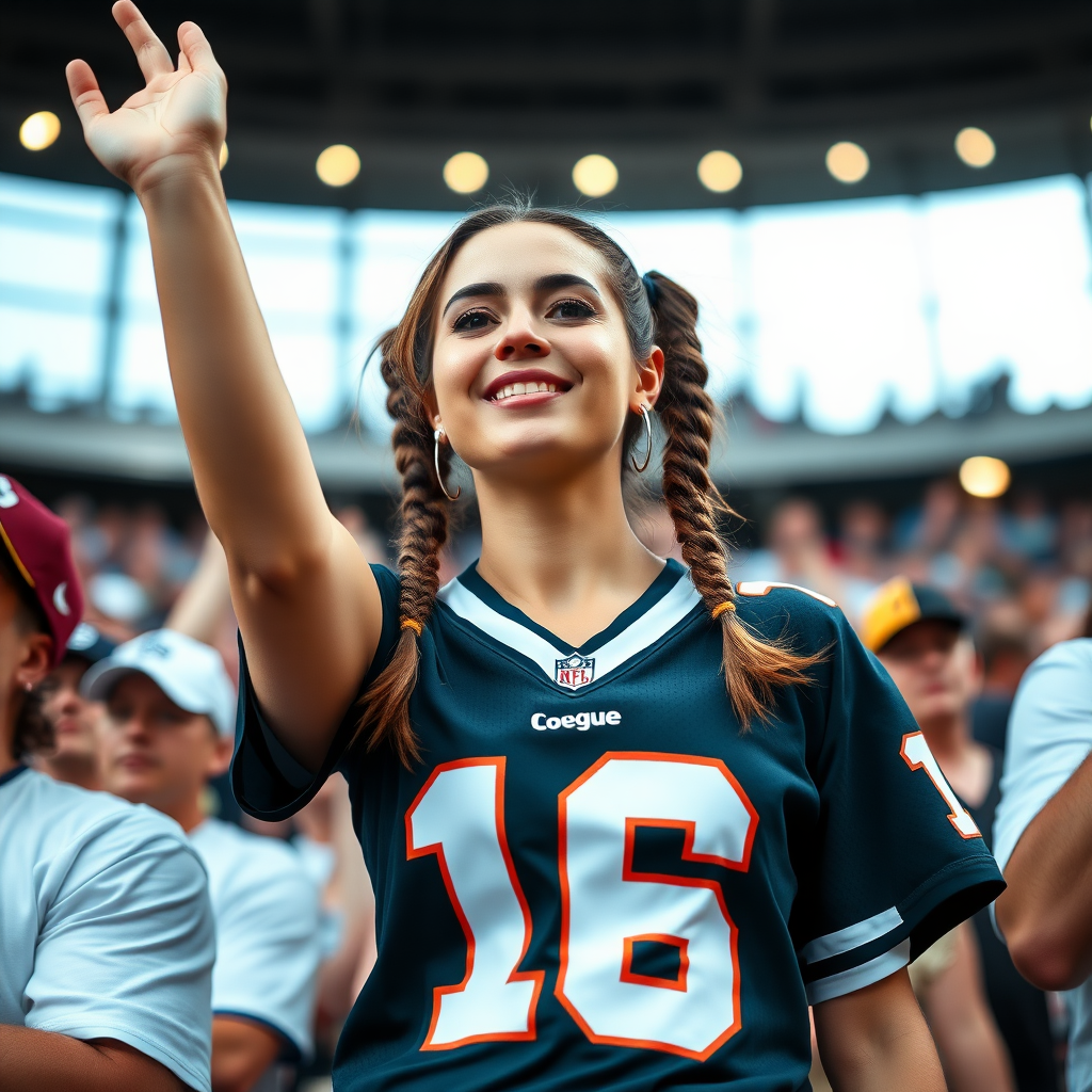 Extremely hot female NFL fan, pigtail hair, jersey, cheering, inside the crowd, huge chest