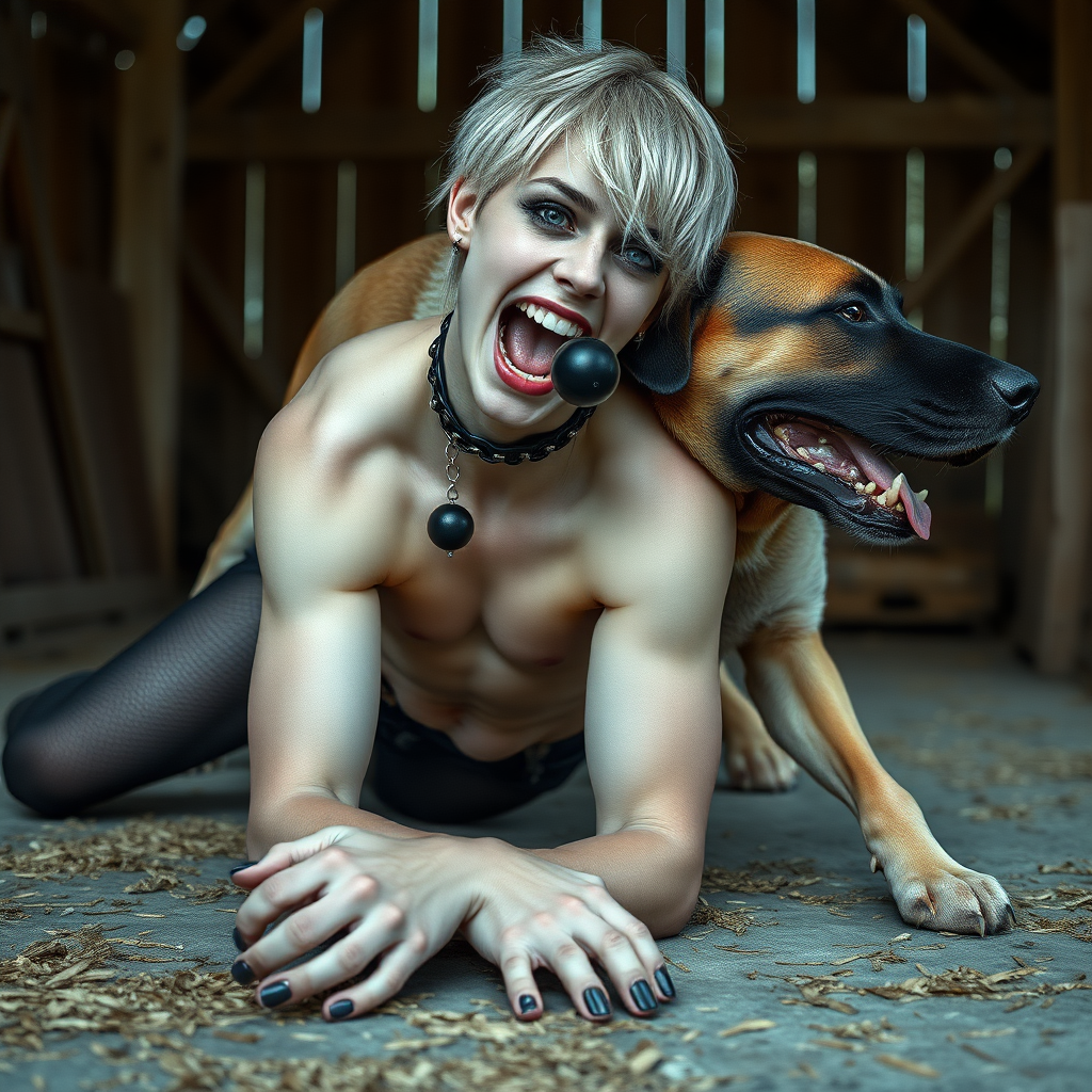 photorealistic, ultra high resolution, 16K, surreal fantasy, soft studio lighting, Caleb Swift is a pretty 16 year old goth male, slim male physique, blonde hair, blue eyes, goth makeup, earrings, glittering black pantyhose, spikey neck collar with chain, crawling on the floor of the barn straddling while a large dog rests its front legs on Caleb's back, during daytime, excited open mouth smile, small black ball-gag, drooling a stream of saliva from his mouth, bulging crotch, full body in wide view from side with Tyler facing the camera.