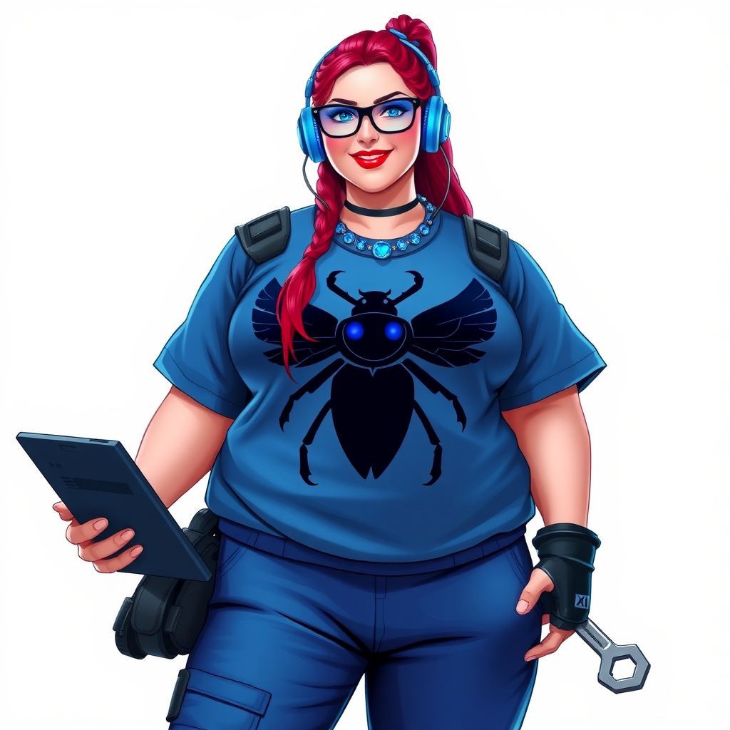 A cyberpunk vigilante’s full-figured intelligent and tech-savvy 29-year-old girlfriend, who is a computer hacker and tech genius. She has a long ruby red ponytail and bright blue eyes. She wears a sapphire beetle gemstone necklace, an armored, oversized, Maximum Blue (RGB 71, 171, 204) t-shirt featuring a giant black chest icon of a winged beetle, and matching Maximum Blue (RGB 71, 171, 204) sweatpants. She has a full-figured physique with a prominent, giant, well-rounded midsection, reflecting her well-cared-for lifestyle. The midsection is heavily emphasized. She sports a sapphire headset with hi-tech Maximum Blue (RGB 71, 171, 204) lensed HUD visor, Maximum Blue (RGB 71, 171, 204) lipstick, black eyeglasses, and a beaming smile with a passionate bright red blush. Despite her figure and a lack of self-esteem, she radiates an air of beauty. She has an angular face which contributes to her radiant beauty. She serves as his tech expert from his hideout, holding a holographic tablet and a hi-tech tool wrench. The background is solid white. She is drawn as if she was in a retro 2D cyberpunk fighting game. Make sure her outfit covers her enormous midsection.