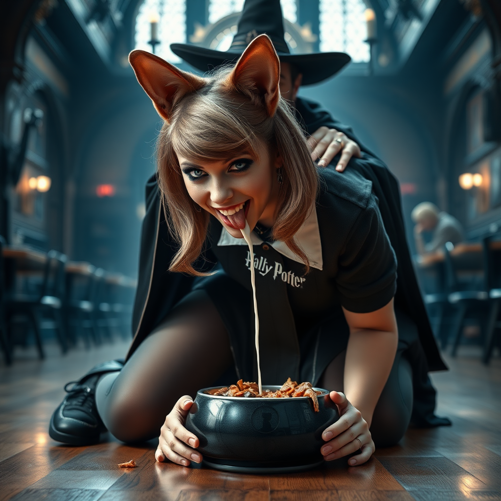 photorealistic, ultra high resolution, 16K, surreal fantasy, studio lighting, a wicked witch at Hogwarts School has cast a spell on Tyler Swift, who is a pretty 18 year old dog-boy, slim male physique with dog ears and bushy tail, shoulder length brown hair, goth makeup, earrings, spikey dog collar, dressed as a Hogwarts Slytherin girl - glossy grey pantyhose, school uniform, Mary-Jane shoes, kneeling on all fours the floor face down eating food from a dog bowl on the student dining hall at Hogwarts School, excited smile, licking the bowl, and white fluid dripping from his mouth from his open mouth, canine teeth. The witch is standing behind Tyler and is resting her arms on his shoulders. full body view, facing the camera.