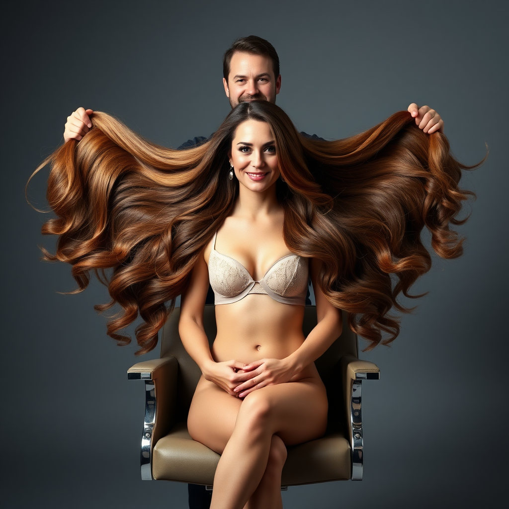 In a beautifully lit photo studio, adorned with soft diffused lighting that creates a warm, inviting atmosphere, Kate Middleton sits gracefully in an elegant salon chair with her hands in her lap, showcasing her luxurious, flowing locks that cascade down like a shimmering waterfall of chestnut and gold. A hairstylist stands behind her and smiles at the camera as he holds up Kate's long magnificent hair, gently spreading it, allowing it to fan out in a majestic display that captures the eye. Kate's delicate lingerie blends in with her skin, offering an air of eroticism and allure. The plain gray background serves to highlight her striking figure and the dazzling sheen of her hair.