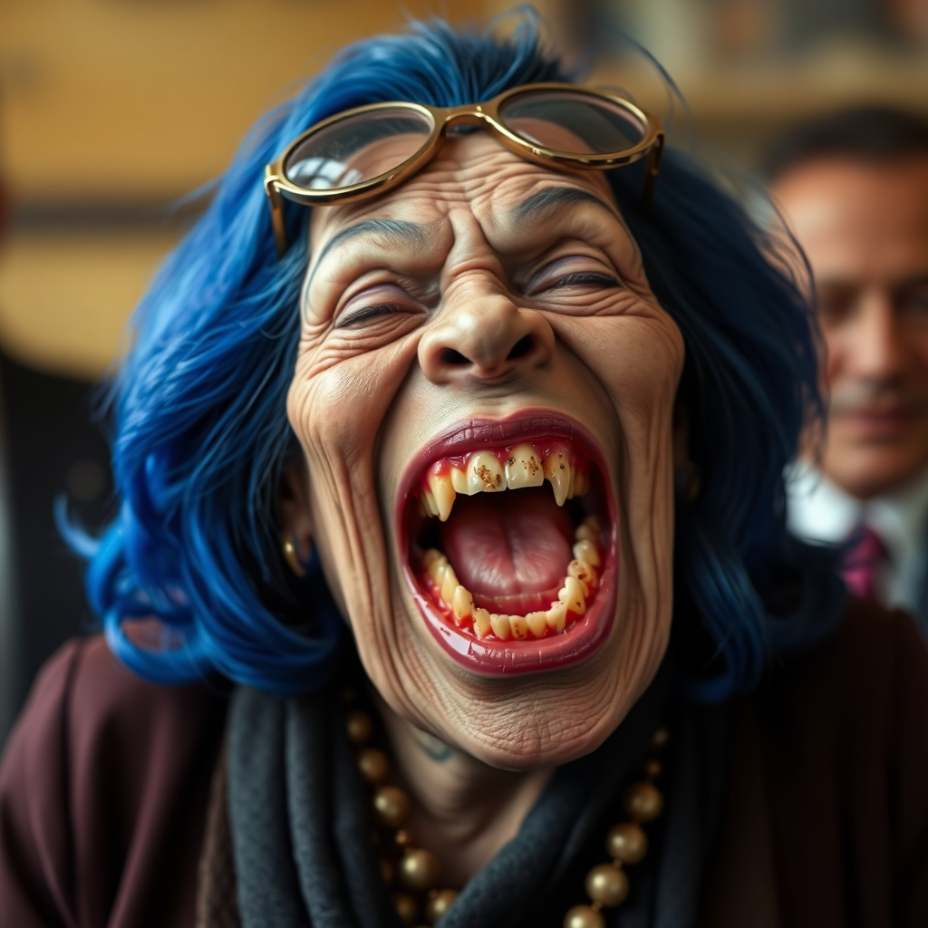 Kamala Harris lookalike old fat ugly female alien laughing with behemoth-size mouth, showing big rotten teeth,