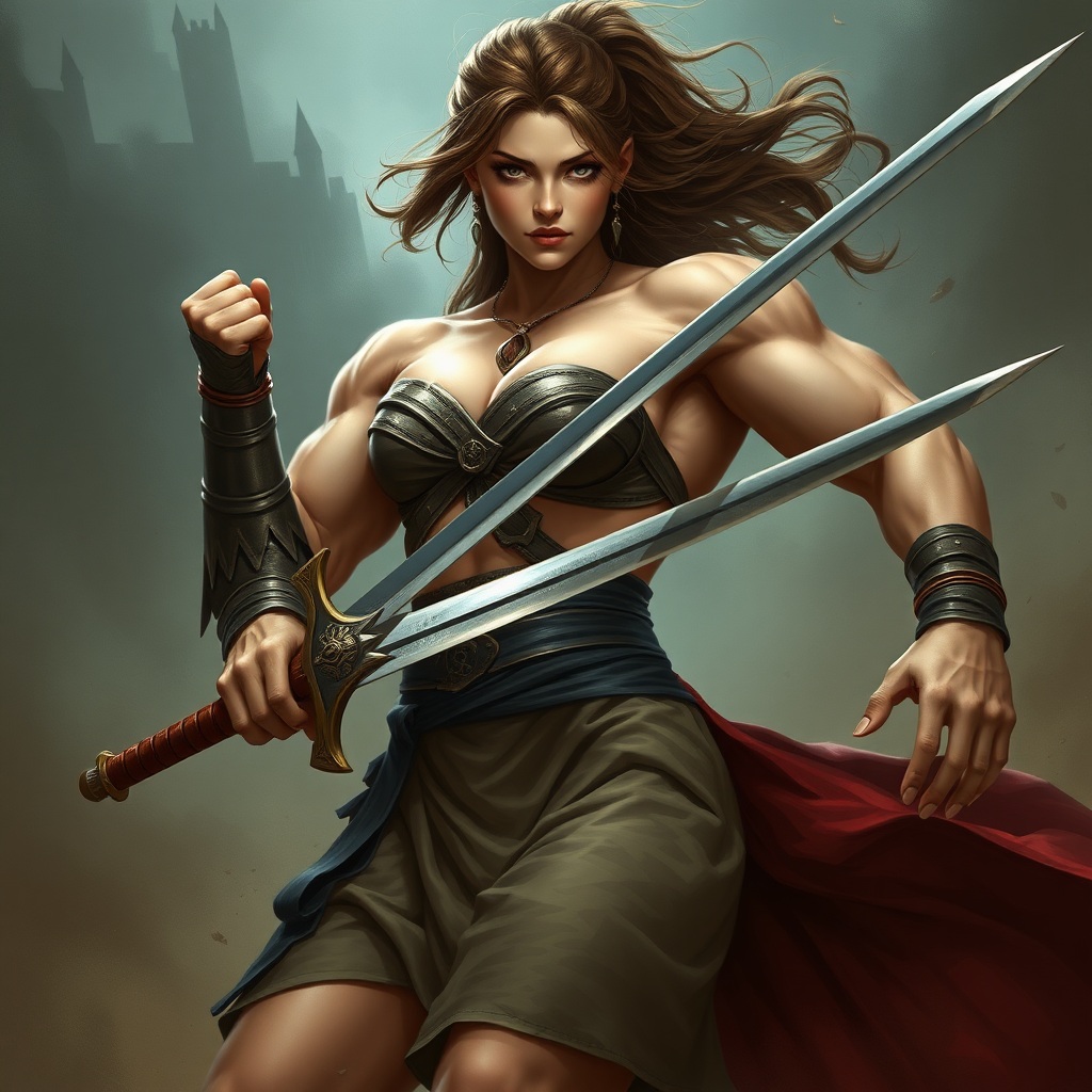 huge massive strong muscular bodybuilder girl, strapless dress, warrior princess fighting with a sword, photo