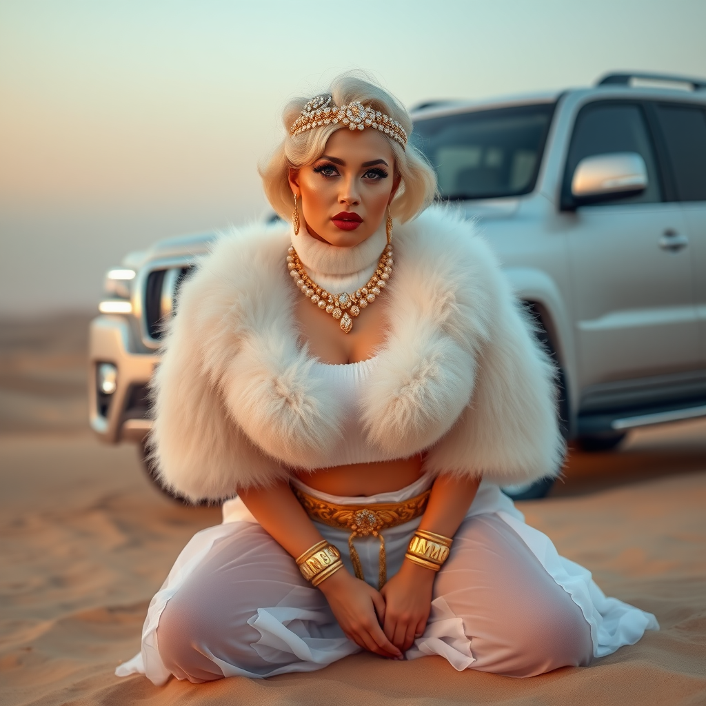 Kuwait desert dunes misty dawn, full size luxury SUV: Melissa, European 17 years old very convincing femboy “trophy-bimbo”, tamed servile docile, very beautiful feminine flawless face, rather short, by hormones very curvaceous womanly figured, platinum blond short tight curls, bold red lips, heavily made-up face, wearing Supertanya-style fluffy very fuzzy bright white angora turtleneck-poncho cropped ending under bust decorated with pearls and gemstones, striking oriental wide gold bridal protection belt, white fully transparent harem pants, full Oriental bridal jewelry including headpiece, nose-ring, coin anklets, striking diamond “Bimbo” letter brooch on left chest, pout frustrated, hands tied behind back, kneeling in sand in front of SUV, looking at camera. Focus on face and turtleneck-poncho.