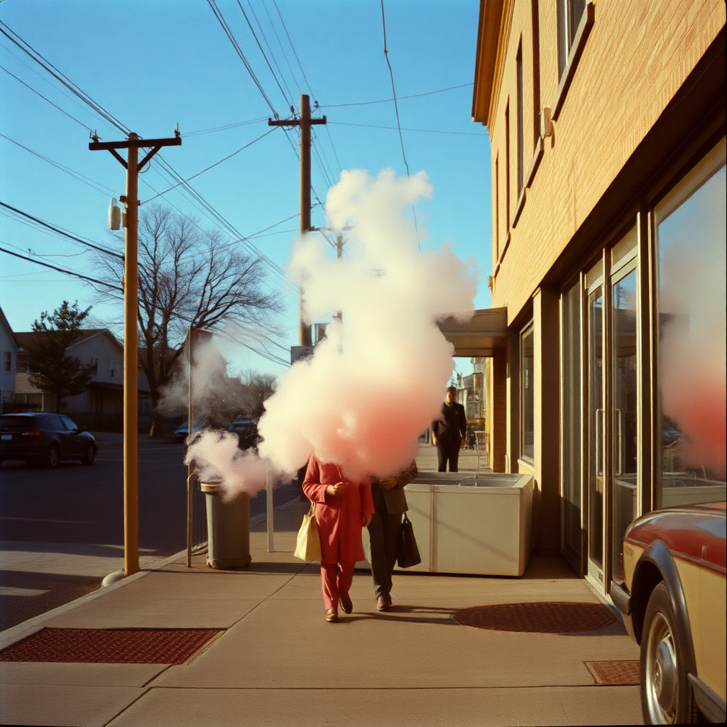 Highly detailed Kodachrome color real surrealist photograph from 1974 of It seems they cannot leave their dream. There's something moving in the sidewalk steam.