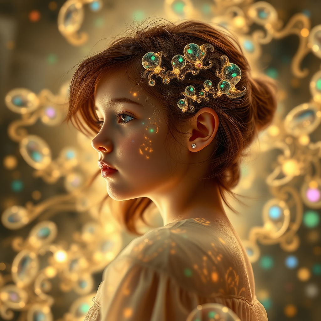 preteen girl in dynamic pose, in profile, abstract, mandelbulb fractal, ultra-detailed, dynamic composition, artistic photograph, fractal, brilliant colors, glittering, translucent, opal, gold, romanticism, sharp focus, floral, mother of pearl, iridescent, clouds, natural, glowing, Bokeh