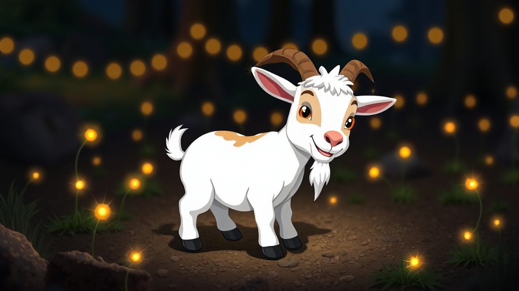 A cute Billy goat in ground at night some fire flies around animation