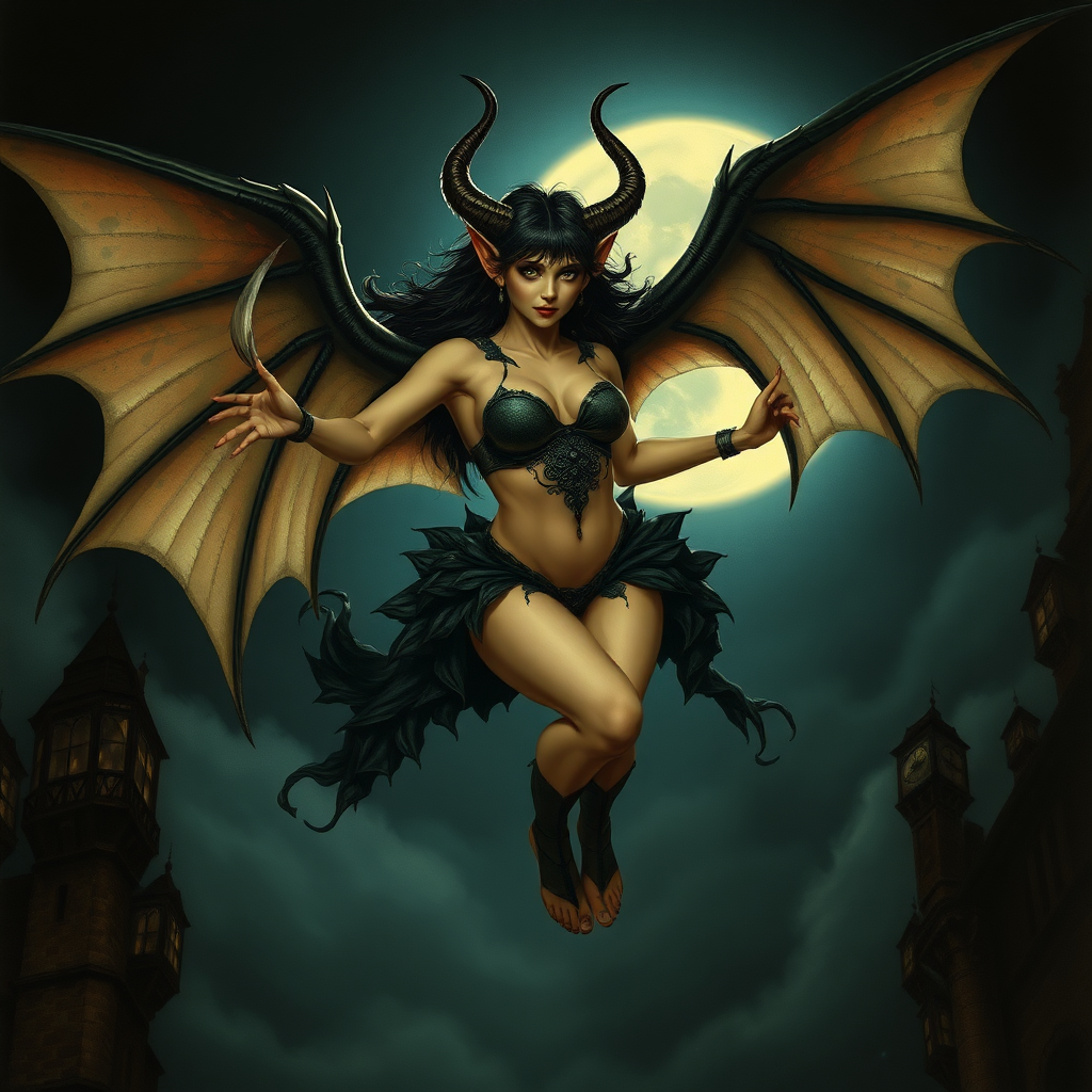 A beautiful winged succubus staring wickedly her outfit is designed to entice. She's flying high in a dark, moonlit sky. The scene is dark and spooky with the art styling of Brian Froud. Cosplayed by a young Drew Barrymore.