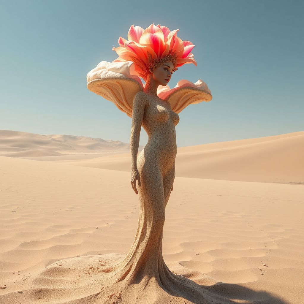 **Title:**
**Ethereal Symbiosis: The Sands of Transcendence**

**Artistic Vision:**
Create a captivating bioart masterpiece that seamlessly blends the ephemeral beauty of the human form with the ancient resilience of nature. This artwork should evoke a profound sense of mystery and transcendence, encouraging viewers to contemplate the intricate relationship between humanity and the living planet. Through meticulous detail and evocative imagery, the piece will illuminate the delicate balance and symbiotic connection that sustains life.

**Image Description:**
A mesmerizing bioart composition crafted by a master artist, depicting a woman's form delicately sculpted from cracked sand. She is adorned with an intricate headpiece of sand and rocks, standing solemnly in a vast, barren sandy expanse beneath a limitless, cloudless sky.

Behind her rises an inverted, colossal Titan arum, its massive corm emerging from the earth like an ancient relic. The woman's torso gracefully transitions into the plant's bioluminescent spathe, which flows around her in undulating folds. The vibrant, alien flowers emit a surreal radiance, bathing the entire scene in an ethereal glow.

This spellbinding vista is rendered with profound mastery, merging hyperrealism and symbolism. Every granular texture, crack, and contour is depicted with unsurpassed precision—from the gritty particles of sand to the velvety petals of the plant. The full spectrum of light and color is masterfully modulated to imbue each surface with tangible materiality.

Exquisite draftsmanship captures the organic forms' sinuous curves and delicate asymmetries flawlessly. The image is infused with the magic of chiaroscuro, where shadows sculpt striking volumes while luminous blossoms blaze forth. The composition and atmospheric perspective expertly guide the viewer's gaze, enhancing the overall emotional resonance.

This poetic convergence of woman, earth, and bioluminescence radiates an aura of profound mystery and transcendence, inspiring endless contemplation on the wonders of nature, the fleeting human form, and our symbiosis with the living planet. The artwork stands as a true contemporary masterwork, destined to be admired for generations.

**Technical and Artistic Specifications:**

- **Resolution & Display:**
  - Render in stunning 64K UHD resolution with a broad color spectrum and intricate detail.
  - Suitable for high-profile platforms like ArtStation and Behance.

- **Digital Art Techniques:**
  - Utilize advanced tools such as Corel Painter, ZBrush, and Adobe Photoshop.
  - Achieve remarkable 3D volume, exquisite shading, and ultra-fine detailing.

- **Materials & Textures:**
  - Incorporate high-quality pigments, metallic flakes, and glass beads.
  - Ensure textures radiate vibrancy under raking light.

- **Lighting & Depth:**
  - Implement a tranquil chiaroscuro effect with a subtle interplay of light and shadow.
  - Enhance depth and clarity through soft, delicate colors and nuanced shades of grey, black, and white.

- **Rendering Quality:**
  - Employ advanced rendering techniques and 3D volumetric effects for unparalleled detail and sharpness.
  - Include a hyper-realistic pencil sketch texture for intricate details.

- **Composition & Focus:**
  - Emphasize gentle, lifelike depth and striking details with a cinematic close-up approach.
  - Use a balanced f/11 aperture and raw photographic style with advanced v6 enhancements.
  - Render vivid colors and minute details at an unparalleled level of realism.

- **Overall Harmony:**
  - Achieve maximum harmony across all elements.
  - Create a balanced and cohesive composition that captivates both technically and emotionally.

**Key Artistic Elements:**

- **Chiaroscuro Lighting:**
  - Utilize deep shadows and bright highlights to create a dramatic and dynamic interplay of light and dark.

- **Soft Colors:**
  - Employ a palette of soft, delicate colors to infuse the piece with subtlety and serenity.

- **3D Volumetric Effects:**
  - Add depth and spatial qualities to enhance the three-dimensionality of the scene.

**Additional Elements to Include:**

- **Advanced Rendering Techniques:**
  - Incorporate state-of-the-art rendering methods to achieve superior detail and realism.

- **Digital Art Tools:**
  - Leverage cutting-edge technology to enhance the artwork's precision and complexity.

- **Subtle Interplay of Light and Shadow:**
  - Create lifelike realism through the nuanced balance of illumination and darkness.

- **Nuanced Shades:**
  - Use soft, subtle tones of grey, black, and white to add depth without overwhelming the composition.

**Final Instructions:**
Ensure the revised prompt is free from any repetitive or confusing elements. Maintain all original technical and artistic specifications, presenting them clearly and elegantly to facilitate the creation of a visually and emotionally compelling artwork.