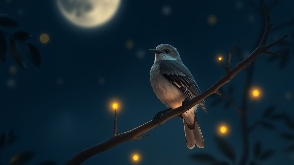 mockingbird sitting on a branch at night and little fireflies around animation