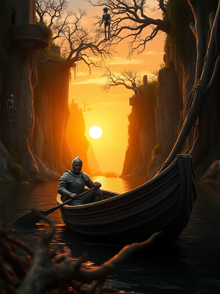 A photorealistic epic cinematic film still of a knight, his armor dented and bloodied, leaning against a rough-hewn wooden oar in a small, battered boat. The boat is adrift on a river, the water a dark mirror reflecting the fiery sunset. The river winds between towering cliffs, their faces scarred with overgrown ruins and draped in thick vines. Trees gnarled with age cling to the cliffs, their branches heavy with hanging skeletons and weathered warrior armor. The ruins are a testament to a past war, and the air hangs heavy with the scent of decay. Zombie knights, their bodies wracked with dark green mystical energy, can be seen lurking in the shadows of the cliffs. The sun, a fiery orb, hangs low on the horizon, casting long shadows across the scene as the river slowly spills out into the ocean beyond the cliffs. There is a sense of epic struggle and the weight of history in the air. Some foreground dead logs and twigs foliage out of focus.