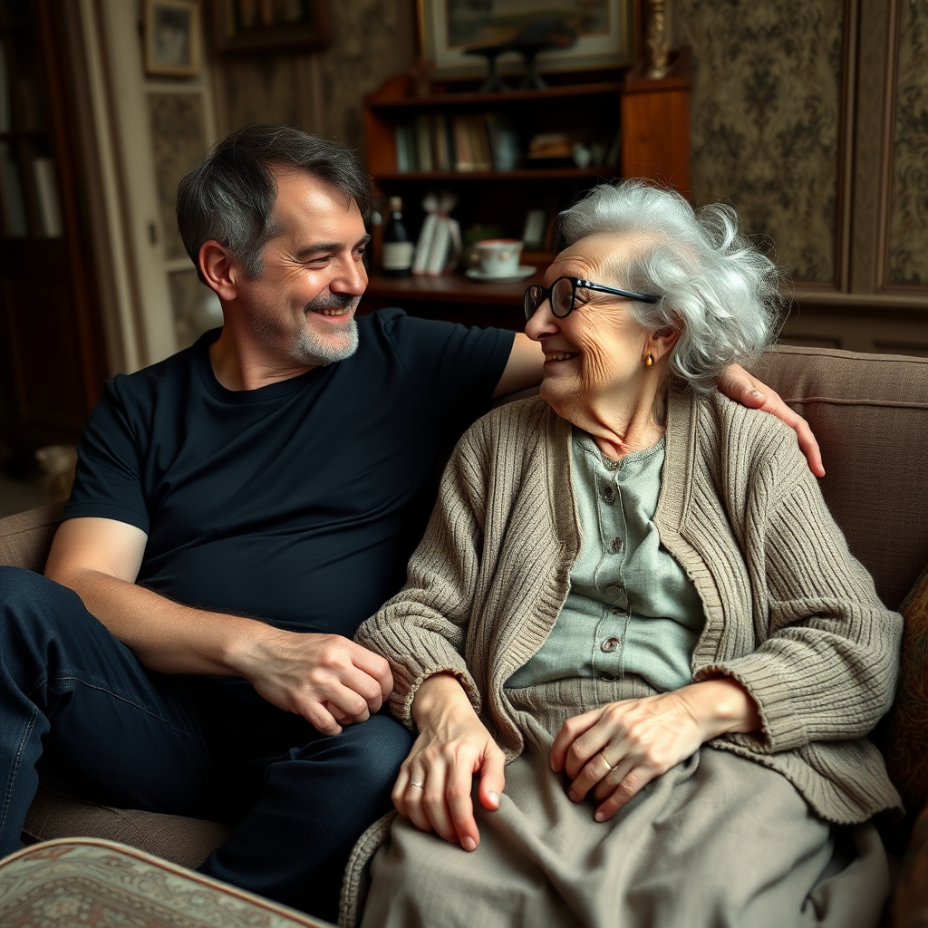 In a scene viewed from an angle and slightly above: In an old-fashioned English living room, a very frail and thin, very elderly English lady with a kind smile, short, thinning white curly hair, wrinkled face, neck and skin, wearing thin framed glasses, an old cardigan, blouse and long skirt is sitting on a sofa with an English man about 40 years old, grey stubble on his chin, brown hair, sitting close next to her on the same sofa, wearing a black T-shirt and dark blue jeans. The man and woman are smiling at each other. The woman is looking at the man's eyes and smiling. The man is looking at the woman's eyes and smiling.