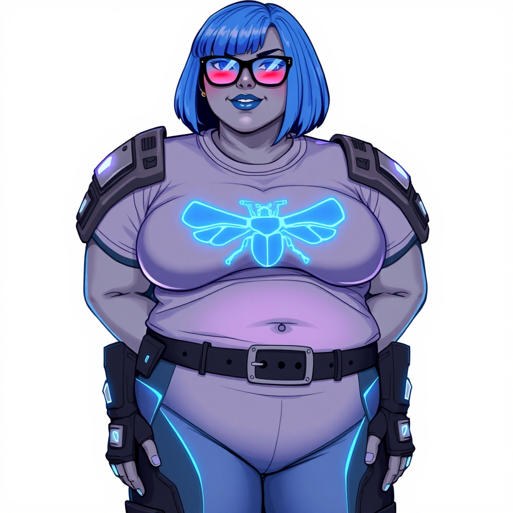 A 28-year-old, full-figured, middle gray skinned computer program hybrid with a maximum blue bob cut. She has a non-athletic build, highlighted by a prominent, round, large midsection (with emphasis on her belly), which shows the aftermath of her pampering. As the heavily pampered digital sidekick to her cyberpunk vigilante boyfriend, her middle gray metallic skin and maximum blue lipstick emphasize her digital nature. She wears a digital, computerized costume inspired by DC’s Carrie Kelly Robin, consisting of a huge, tight-fitting, maximum blue t-shirt with a neon blue glowing chest icon of a beetle, hi-tech shoulder pads with neon blue accents, a black hi-tech belt with a digital neon blue glowing buckle, digital maximum blue biker pants with neon blue accents, and black hi-tech fingerless biker gloves with neon blue glowing accents. Her neon blue glowing eyes, black eyeglasses with a neon blue glowing HUD built into the lenses, and shy smile with neon red blush accentuate her nerdiness. She stands bashfully with her hands behind her back, her costume covering all her skin and emphasizing her full-figured physique (especially her belly). She is clearly non-athletic, with a focus on her full-figured physique. Despite her build, she radiates beauty. She has a slim face compared to her physique, accentuating her radiant beauty. She is on a solid white background. She is drawn as if she were in a retro 2D cyberpunk fighting game.