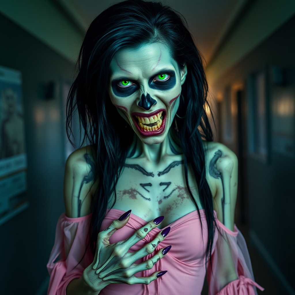 dawn of the dead, sexy skinny extremely horrific irish zombie woman, black raven hair, green glowing, perky boobs, purple nails, purple lips, skeletal face, all over her body rotten pale skin, wearing a pink dress standing in hallway, whole body shot