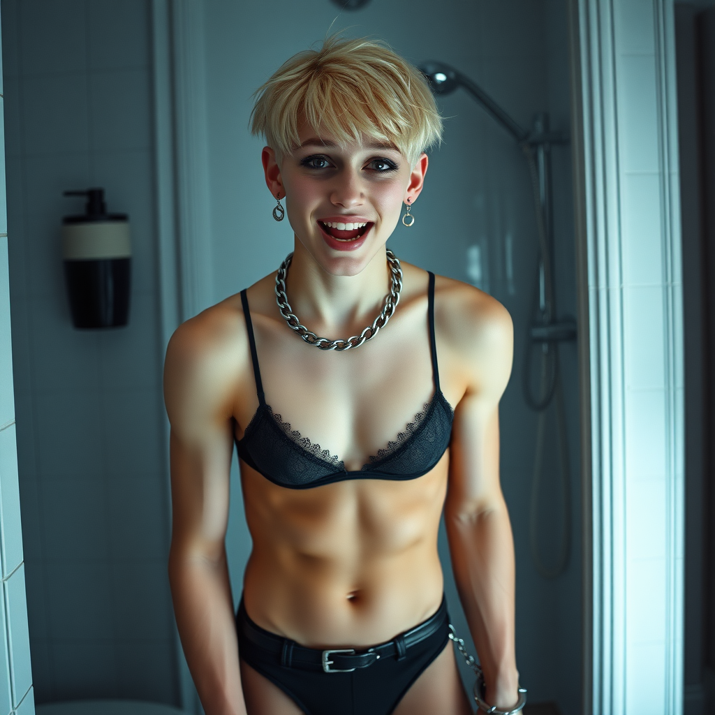 photorealistic, ultra high resolution, 16K, surreal fantasy, studio lighting, a pretty 16 year old goth boy, slim male physique, short blonde hair, goth makeup, earrings, spikey chain and leash, handcuffs, trainer-bra, pantyhose, white ballet shoes, in the bathroom, excited open mouth smile, facing the camera,