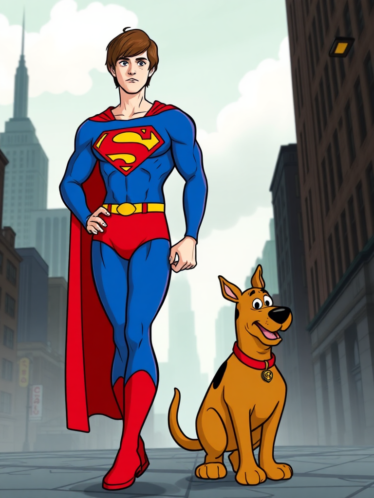 Generate a full-length image of Superman with the body type of Velma Dinkley. The character should have Superman's iconic costume but with Velma's physique. Make the background a blend of Metropolis and a classic Scooby-Doo mystery setting, creating an appropriate environment for both characters.