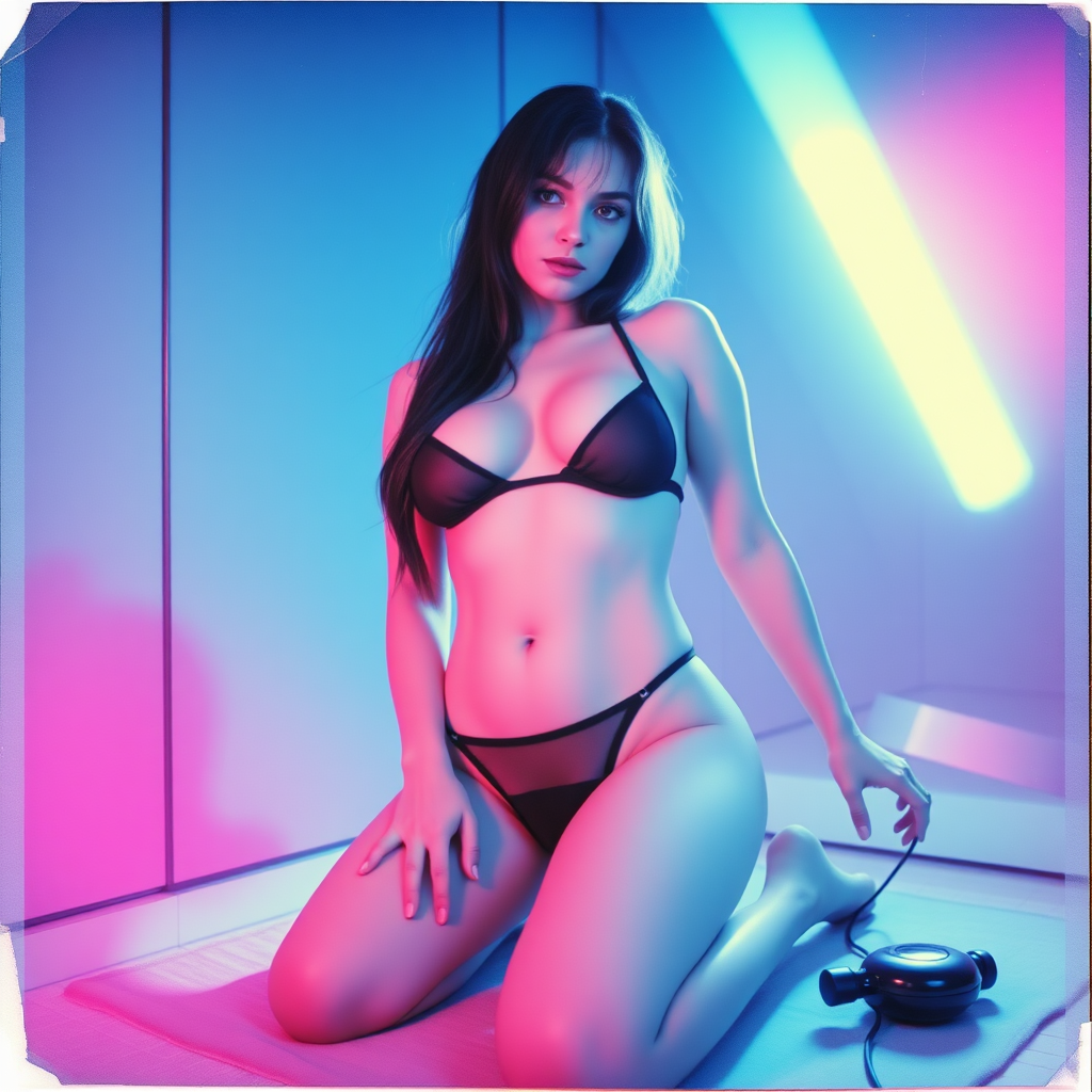 old polaroid photo with heavy vignetting and pink and blue artistic studio lighting color tint and light leak, depicting a sexy curvy thicc pale white alt goth girl with eye makeup, wearing a tiny revealing black see thru bikini gstring thong with a small outline of her labia and nipples visible, kneeling over a mirror with a hitachi massager tied between her legs