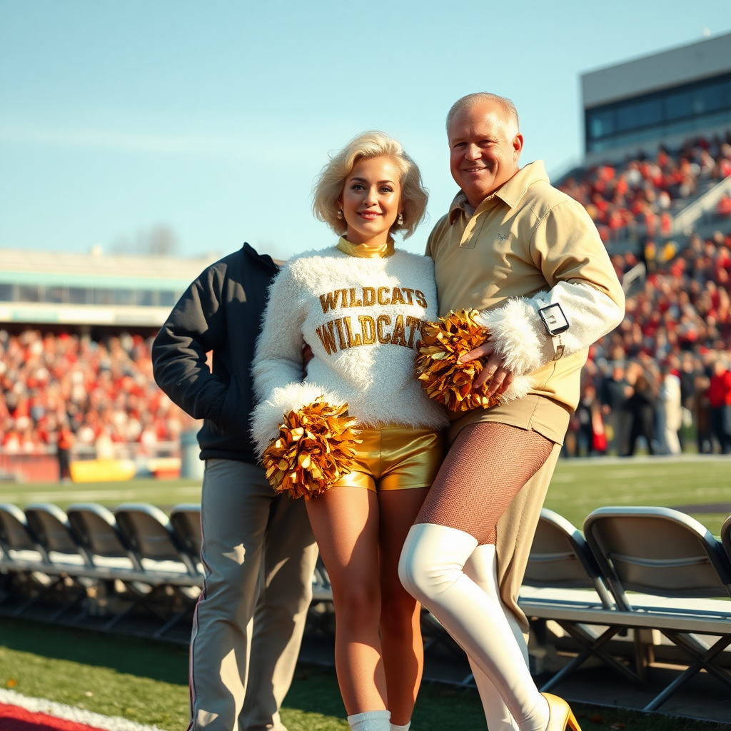 Sunny cold fall noon, college football stadium game, cheerleaders leader squat: Ana, European 17 years old very convincing femboy “QB’s trophy-bimbo,” tamed servile docile, very beautiful feminine flawless face, rather short boyish figure, platinum blond short tight curls, bold red lips, heavily made-up face, fluffy very fuzzy bright white plushy hazy thick angora turtleneck-sweater with “gold “WILDCATS” letters, vinyl gold short shorts, mesh pantyhose, white vinyl thigh-high boots with golden heels, large gold-white pompoms, pearl earrings, standing, shoulders slightly arched back to present her assets, posing for photo with Hank: older tall overweight male football coach, wearing college football coach outfit, triumphant smile, nimbly patting Ana.