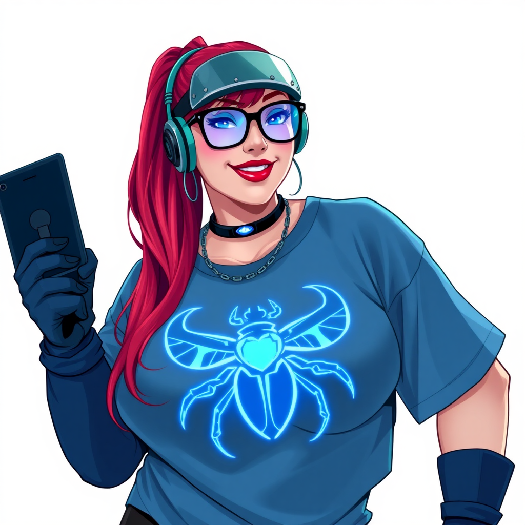 A cyberpunk vigilante’s full-figured intelligent and tech-savvy 29-year-old girlfriend, who is a computer hacker and tech genius. She has a long ruby red ponytail and bright blue eyes. She wears a sapphire beetle gemstone necklace, and an oversized Maximum Blue (RGB 71, 171, 204) t-shirt featuring a giant neon blue glowing icon of a winged beetle on its chest. She has a full-figured physique with a prominent, gargantuan, round midsection, reflecting her well-cared-for lifestyle. The midsection is heavily emphasized. She sports a sapphire headset with hi-tech Maximum Blue (RGB 71, 171, 204) lensed HUD visor, Maximum Blue (RGB 71, 171, 204) lipstick, black eyeglasses, and a beaming smile with a passionate bright red blush. Despite her figure and a lack of self-esteem, she radiates an air of beauty. She has an angular face which contributes to her radiant beauty. She serves as his tech expert from his hideout, holding a holographic tablet and a hi-tech tool wrench. The background is solid white. She is drawn as if she was in a retro 2D cyberpunk fighting game. Make sure her shirt covers her round midsection.