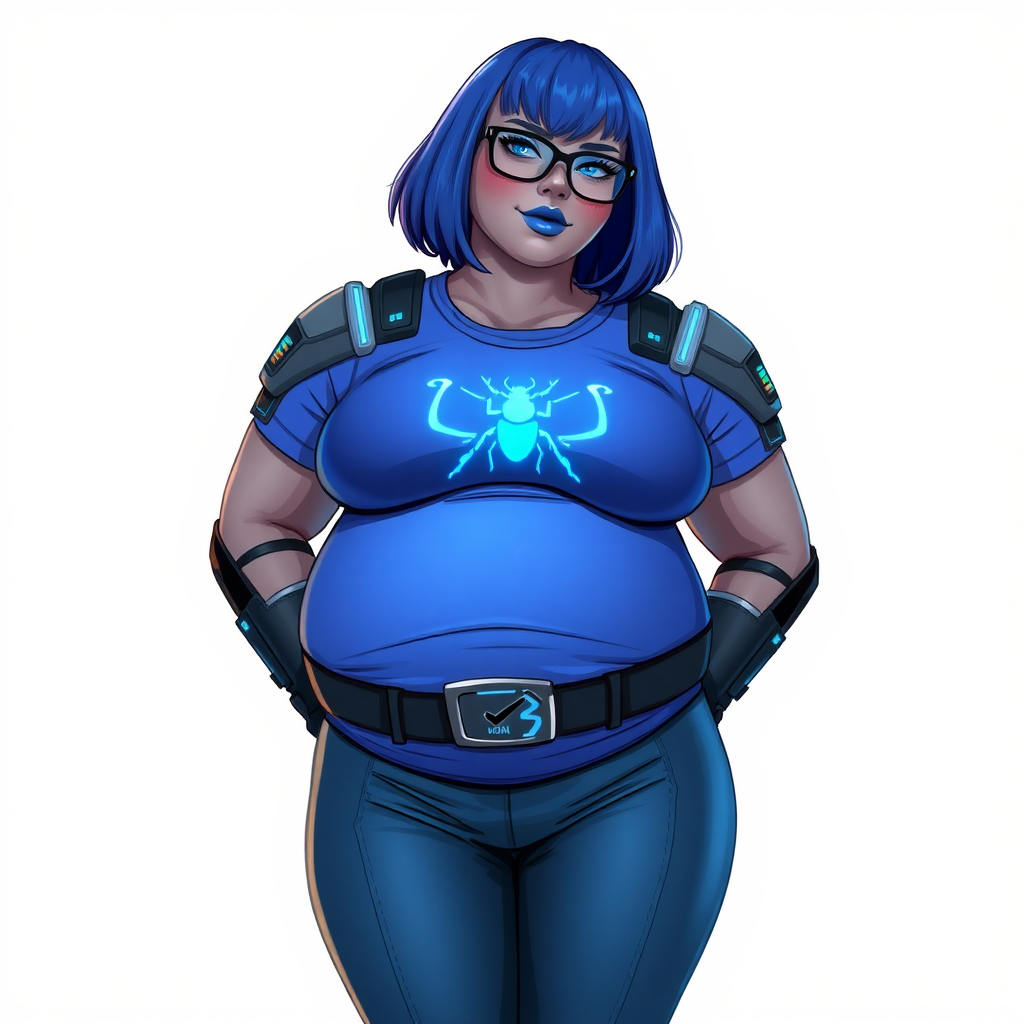 A 28-year-old, full-figured, middle gray skinned computer program hybrid with a maximum blue bob cut. She has a non-athletic build, highlighted by a prominent, round, large midsection (with emphasis on her belly), which shows the aftermath of her pampering. As the heavily pampered digital sidekick to her cyberpunk vigilante boyfriend, her middle gray metallic skin and maximum blue lipstick emphasize her digital nature. She wears a digital, computerized costume inspired by DC’s Carrie Kelly Robin, consisting of a huge, tight-fitting, maximum blue t-shirt with a neon blue glowing chest icon of a beetle, hi-tech shoulder pads with neon blue accents, a black hi-tech belt with a digital neon blue glowing buckle, digital maximum blue biker pants with neon blue accents, and black hi-tech fingerless biker gloves with neon blue glowing accents. Her neon blue glowing eyes, black eyeglasses with a neon blue glowing HUD built into the lenses, and shy smile with neon red blush accentuate her nerdiness. She stands bashfully with her hands behind her back, her costume covering all her skin and emphasizing her full-figured physique (especially her belly). She is clearly non-athletic, with a focus on her full-figured physique. Despite her build, she radiates beauty. She has a slim face compared to her physique, accentuating her radiant beauty. She is on a solid white background. She is drawn as if she were in a retro 2D cyberpunk fighting game.