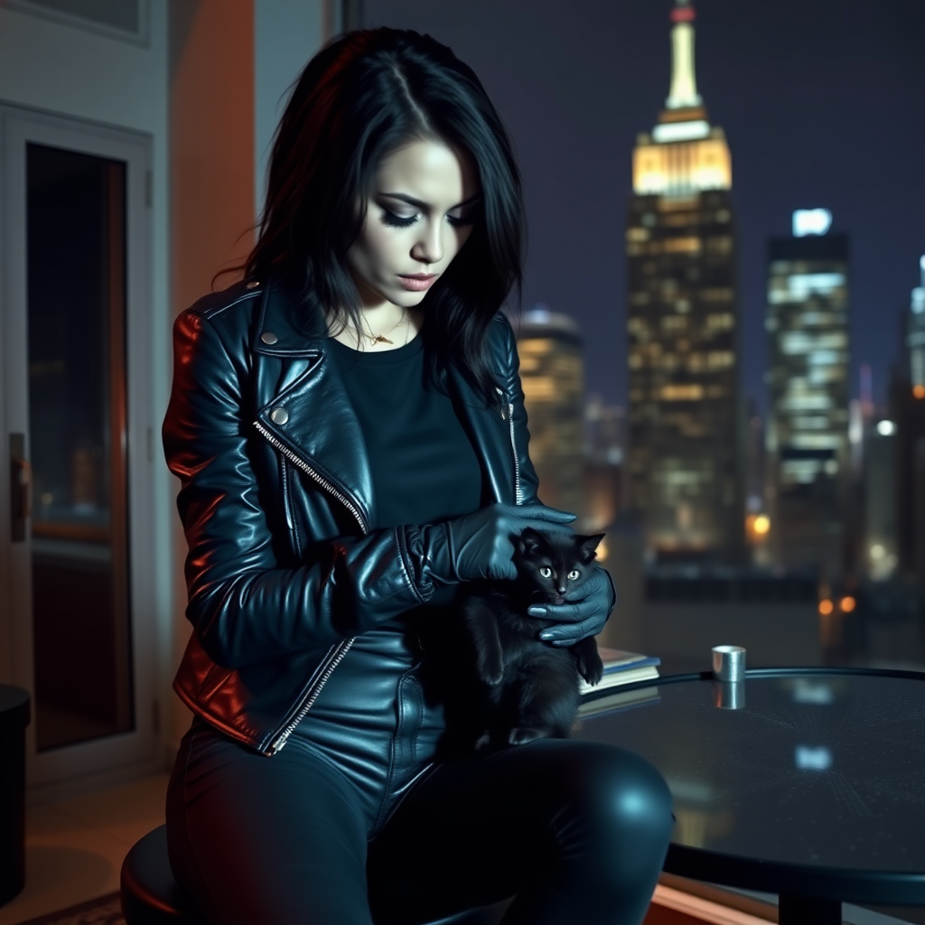 A beautiful tough thief girl in black leather jacket over black t-shirt with black tight jeans and gloves stroking a black kitten sitting a table in a Manhattan penthouse at night.