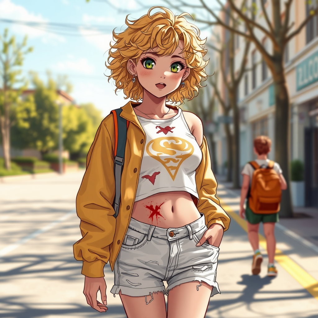 Realistic drawing style image, Extremely good quality 8k resolution drawn manga image of a 15 year old petite and short tomboy girl with golden blonde curly hair with mixed and different colored eyes for each eye and moles on her entire body and is a white American girl, Has on a Gold Jacket over a white extremely short crop top only covering her breasts and nothing more with a design on it, and has on ripped shorts and cool looking sneakers and a deep and big knife cut wound on her stomach from a huge injury she had, with a bright color backpack, ear piercings on, walking on the street to school in the morning with the beautiful sunlight lighting up her body beautifully with no tattoos.